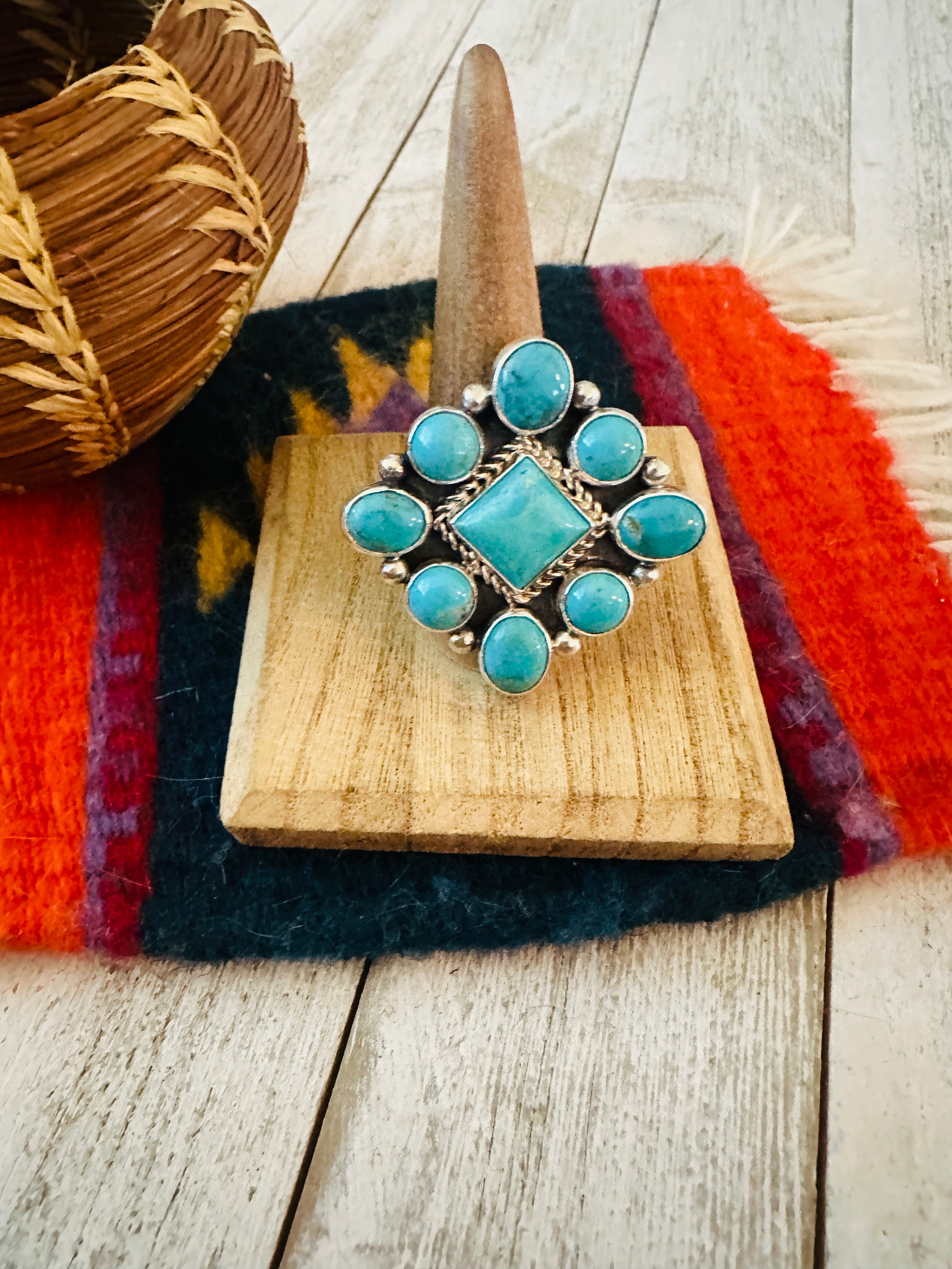 Navajo Sterling Silver & Turquoise Cluster Adjustable Ring