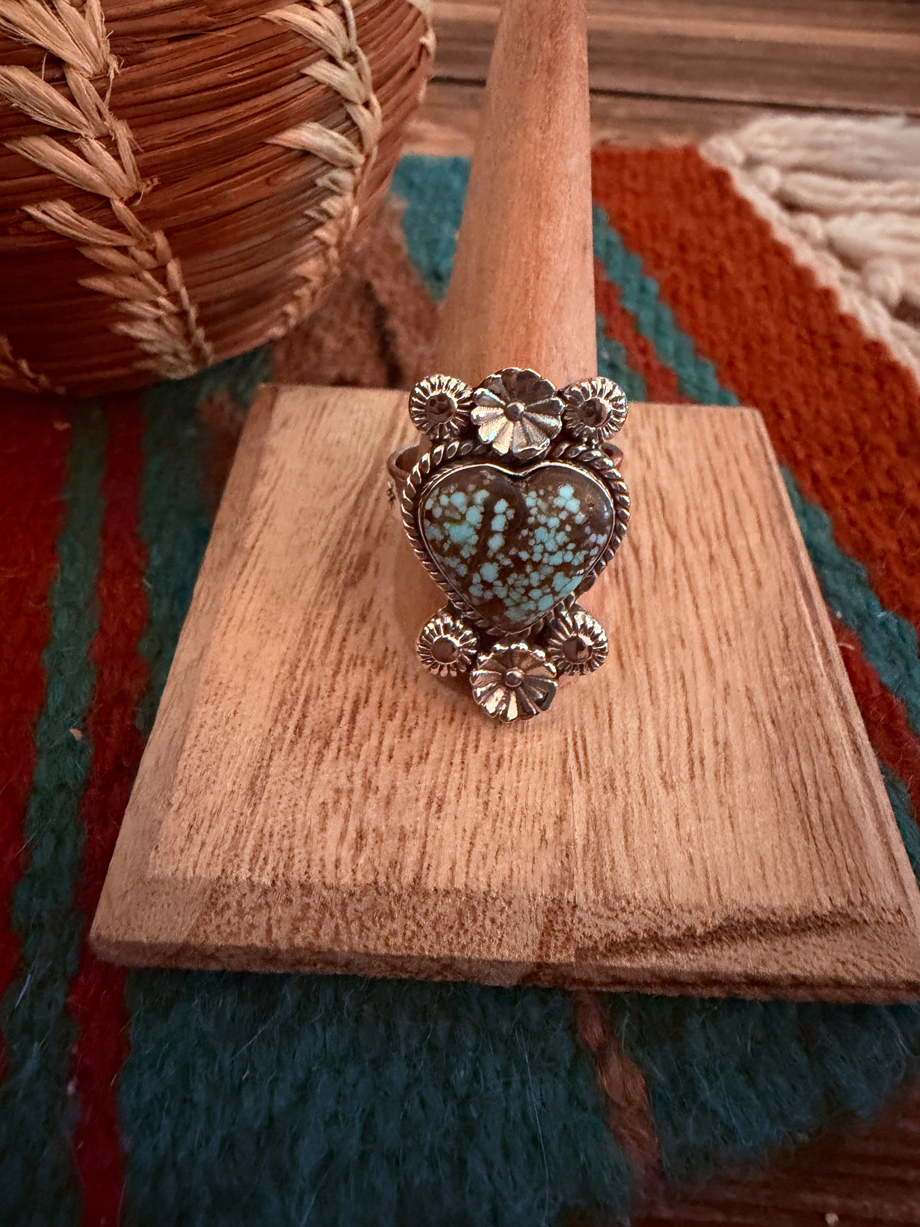 Handmade Sterling Silver Number 8 Turquoise Adjustable Heart Ring Signed Nizhoni