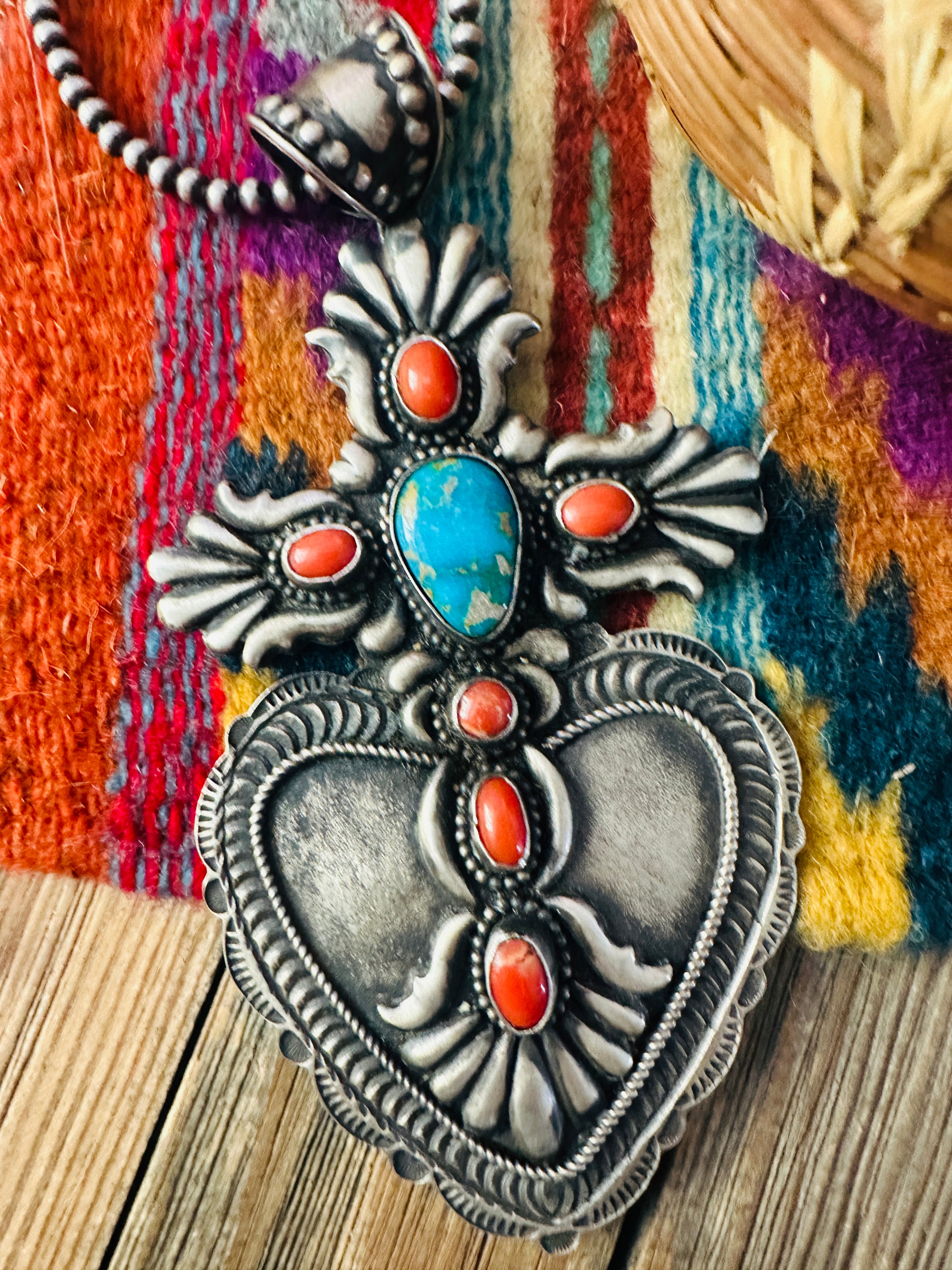 Handcrafted Sterling Silver, Turquoise & Coral Heart Cross Pendant by Shawn Cayatineto