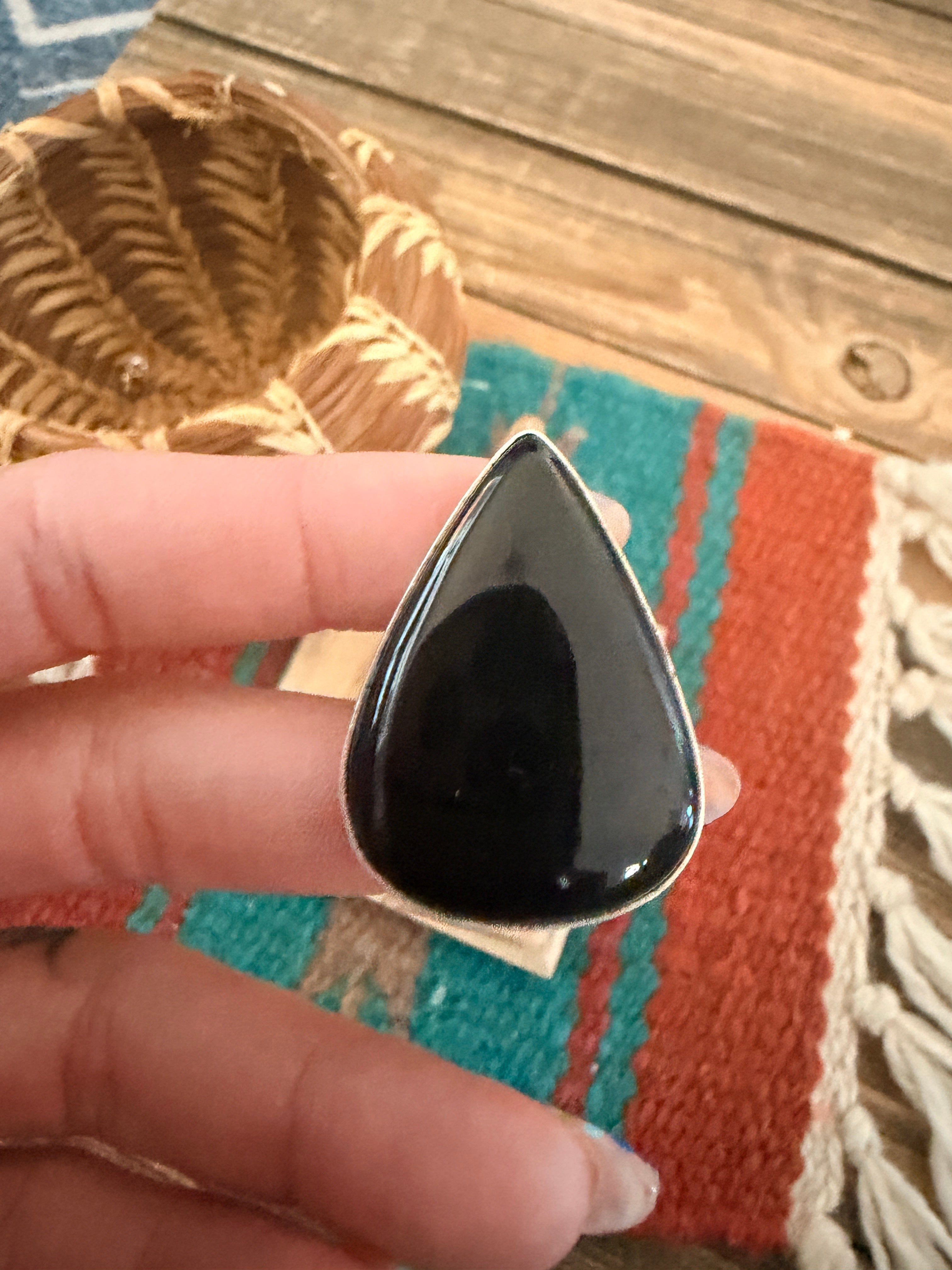 Handcrafted Black Onyx & Sterling Silver Ring Size 6.75