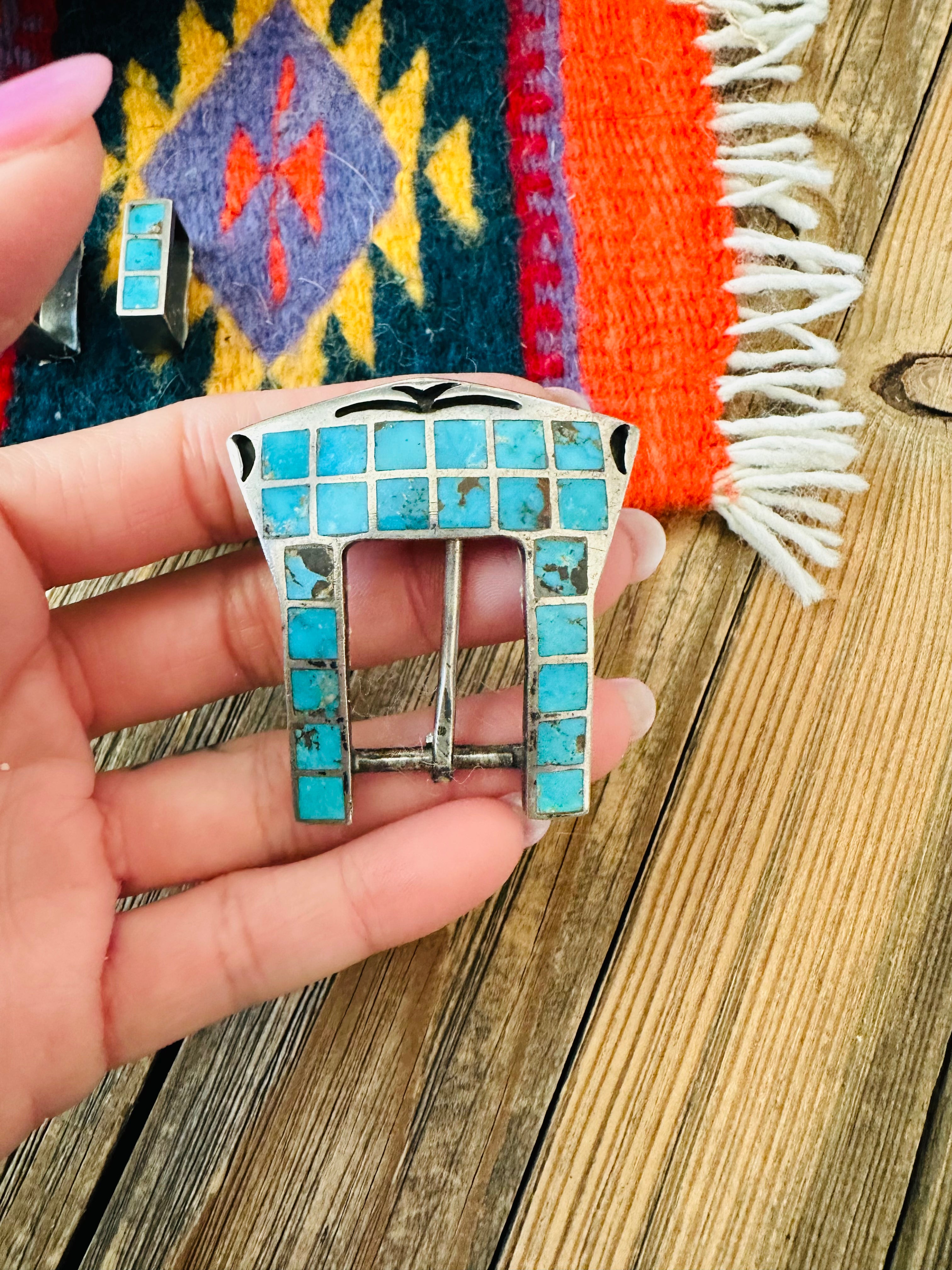 Vintage Navajo Turquoise & Sterling Silver Horse Belt Buckle