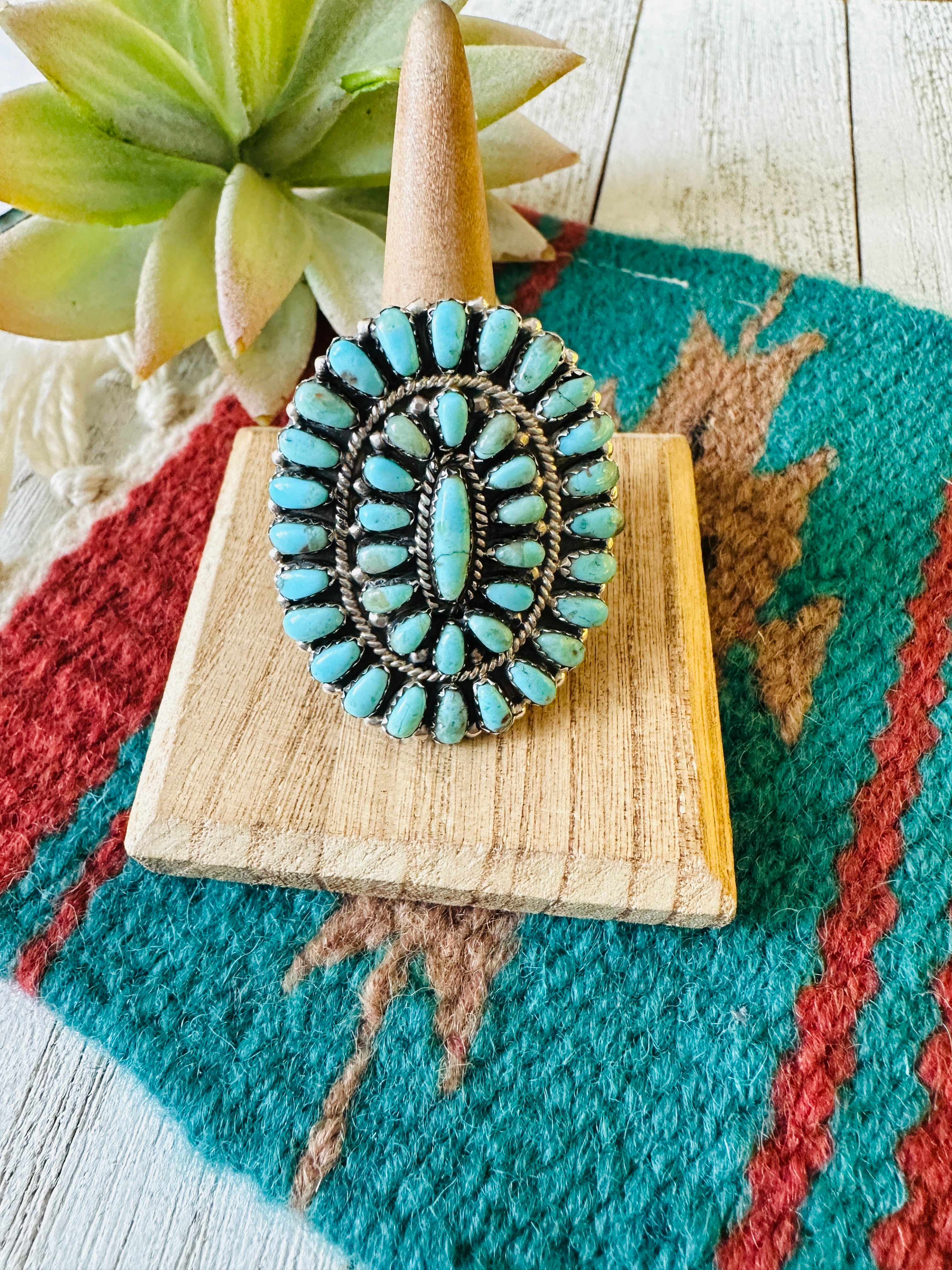 Navajo Turquoise & Sterling Silver Adjustable Cluster Ring