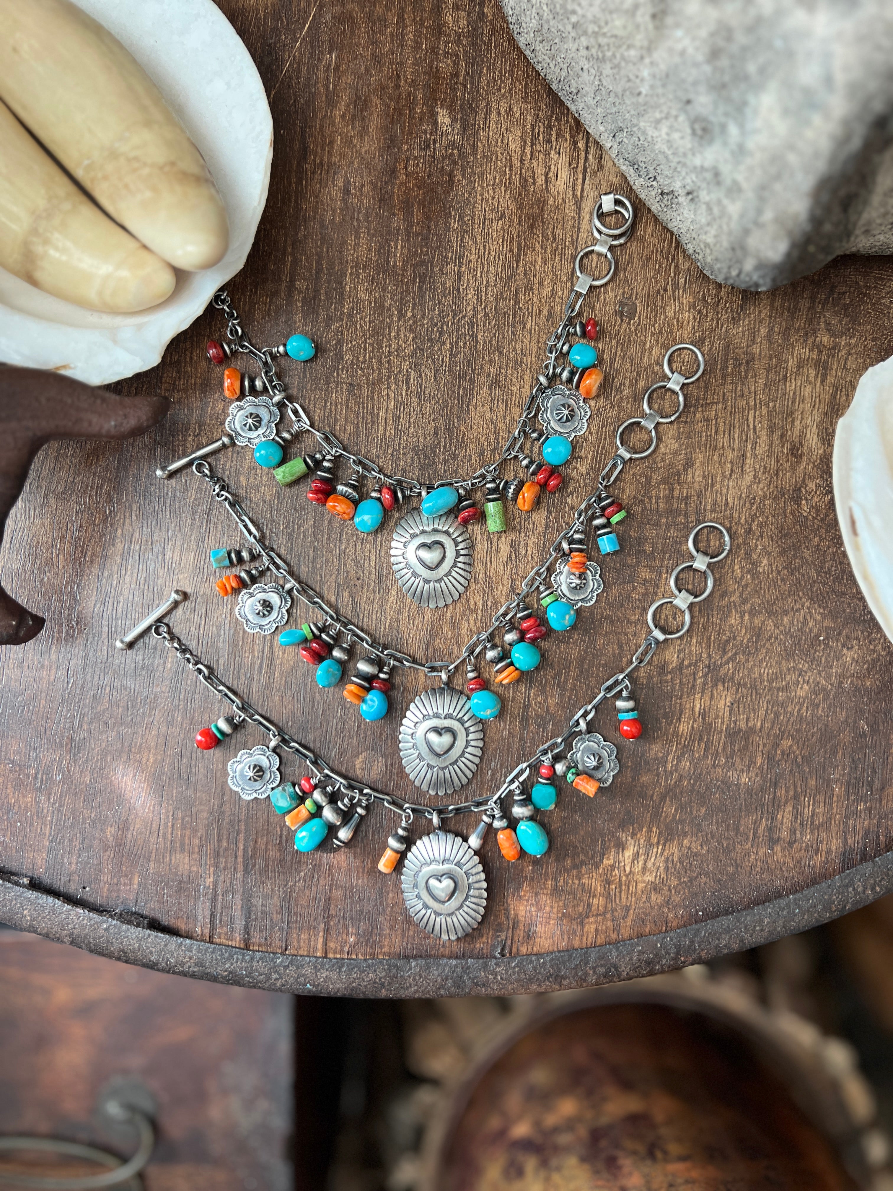 Raymond Coriz Handcrafted Sterling Silver Concho & Multistone Beaded Charm Bracelets