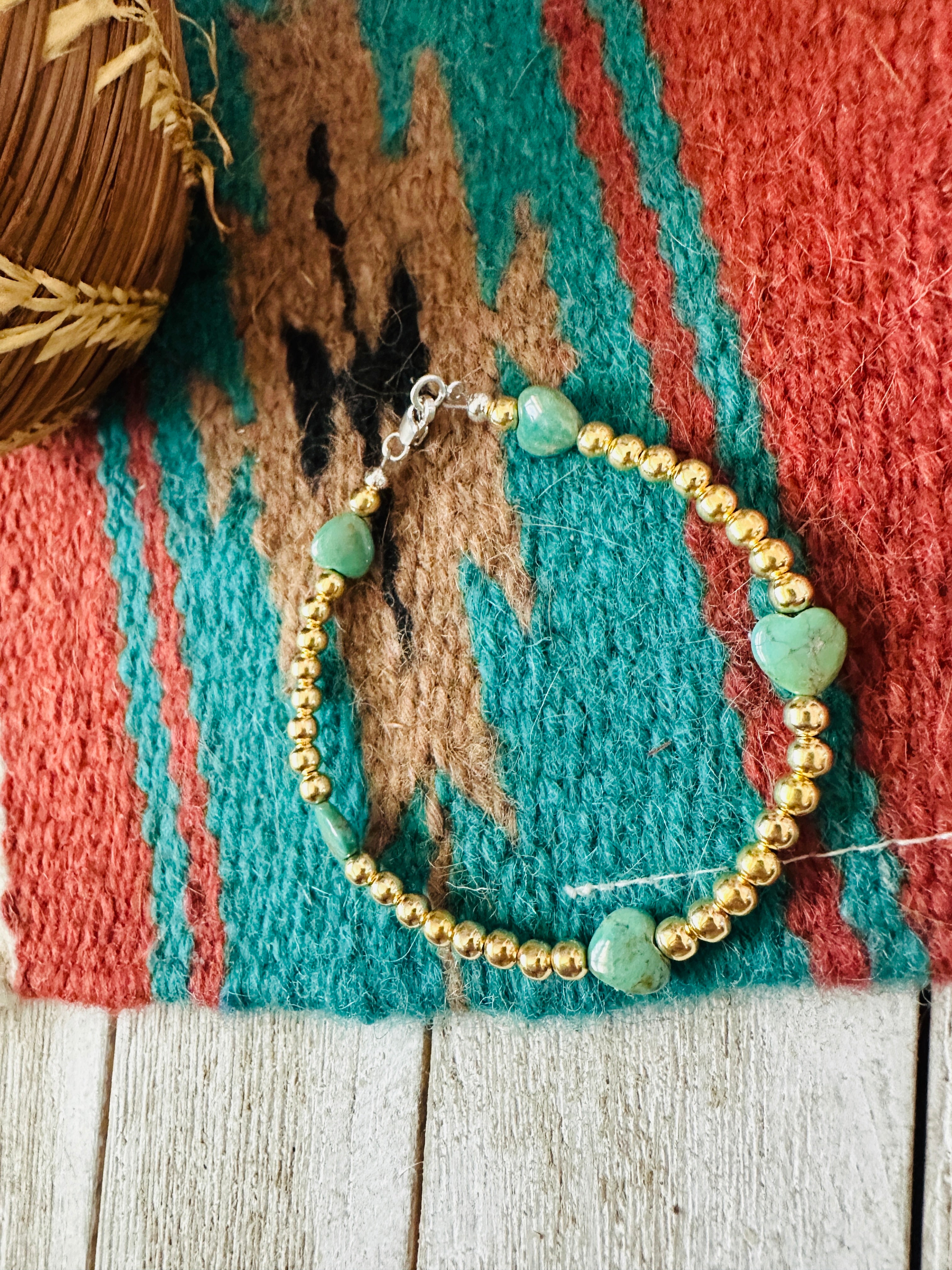 Handcrafted Gold Plated Sterling Silver Pearl & Turquoise Beaded Bracelet