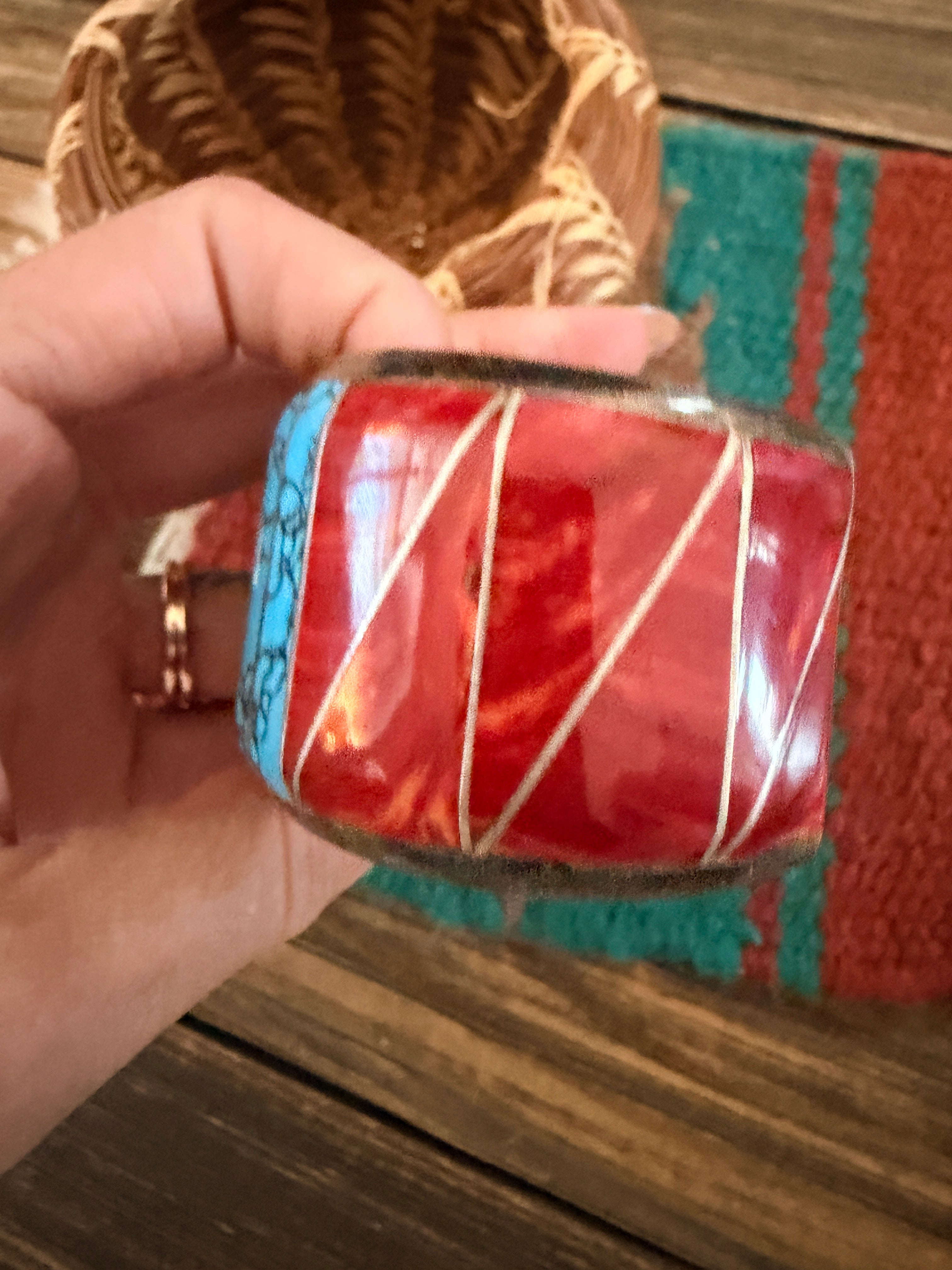 Handcrafted Old Pawn Sterling Silver, Turquoise & Spiny Oyster Inlay Cuff Bracelet