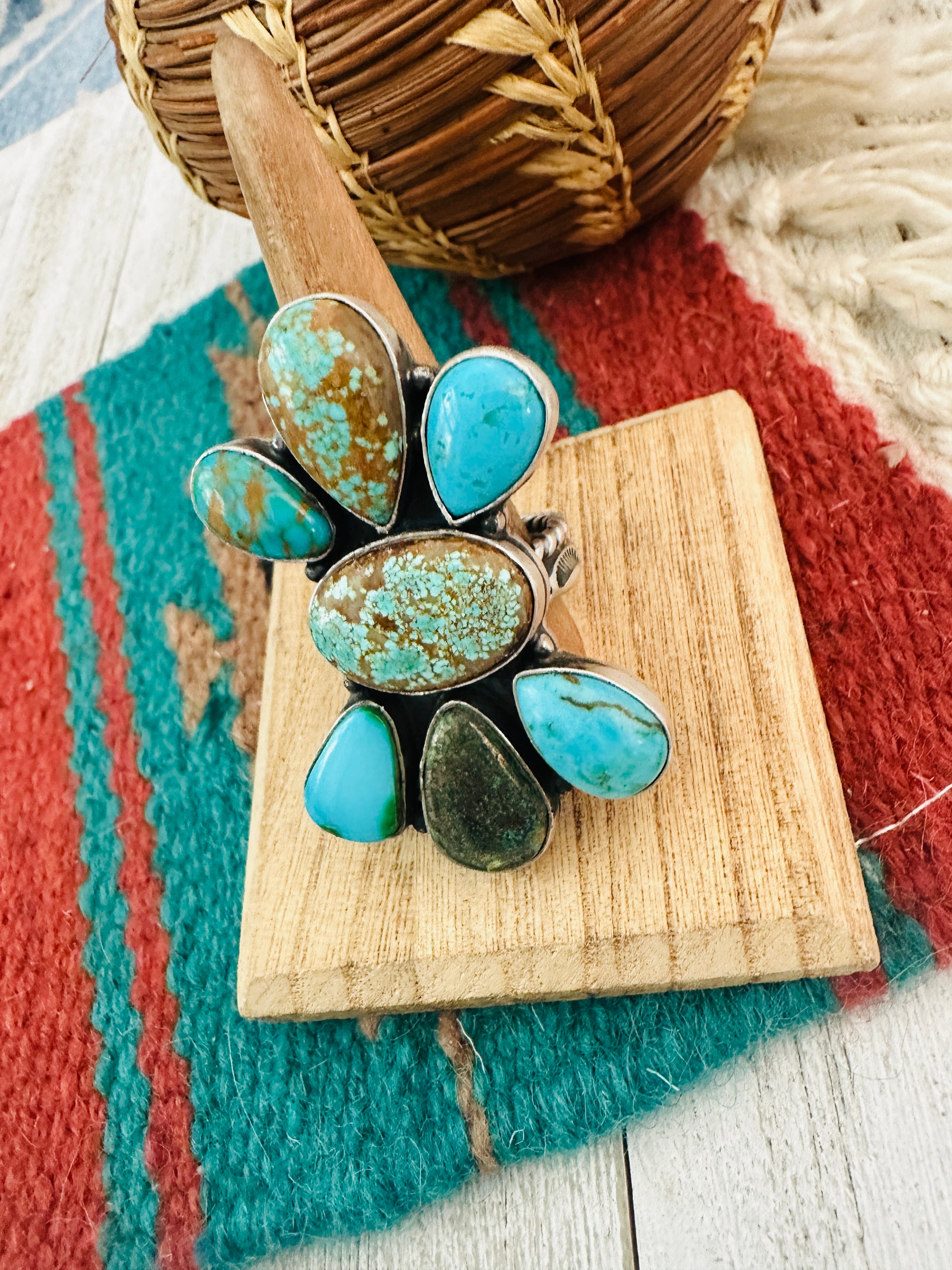 Navajo Multi Turquoise & Sterling Silver Adjustable Cluster Ring