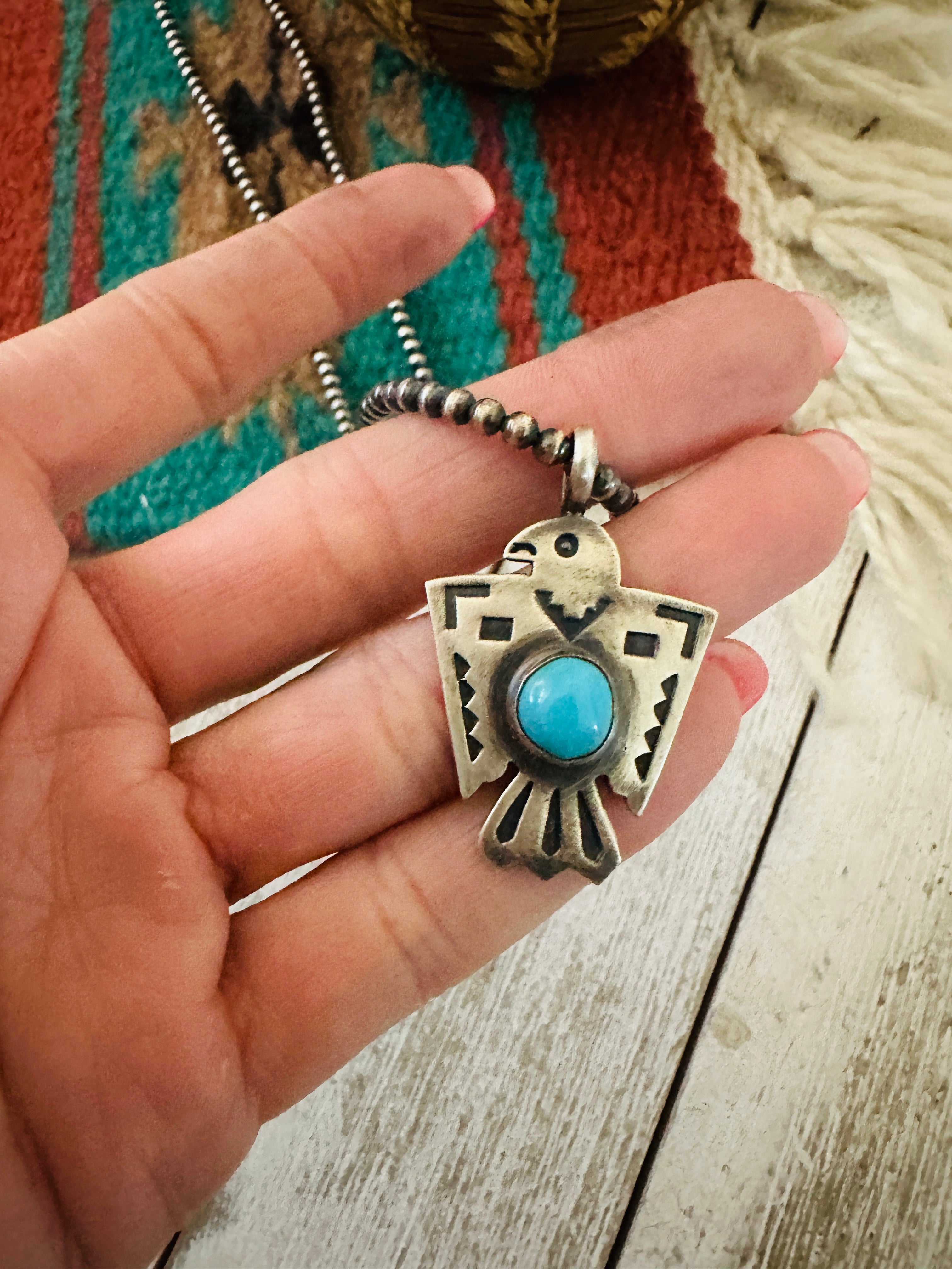 Handcrafted Turquoise & Sterling Silver Pearl Beaded Thunderbird Necklace