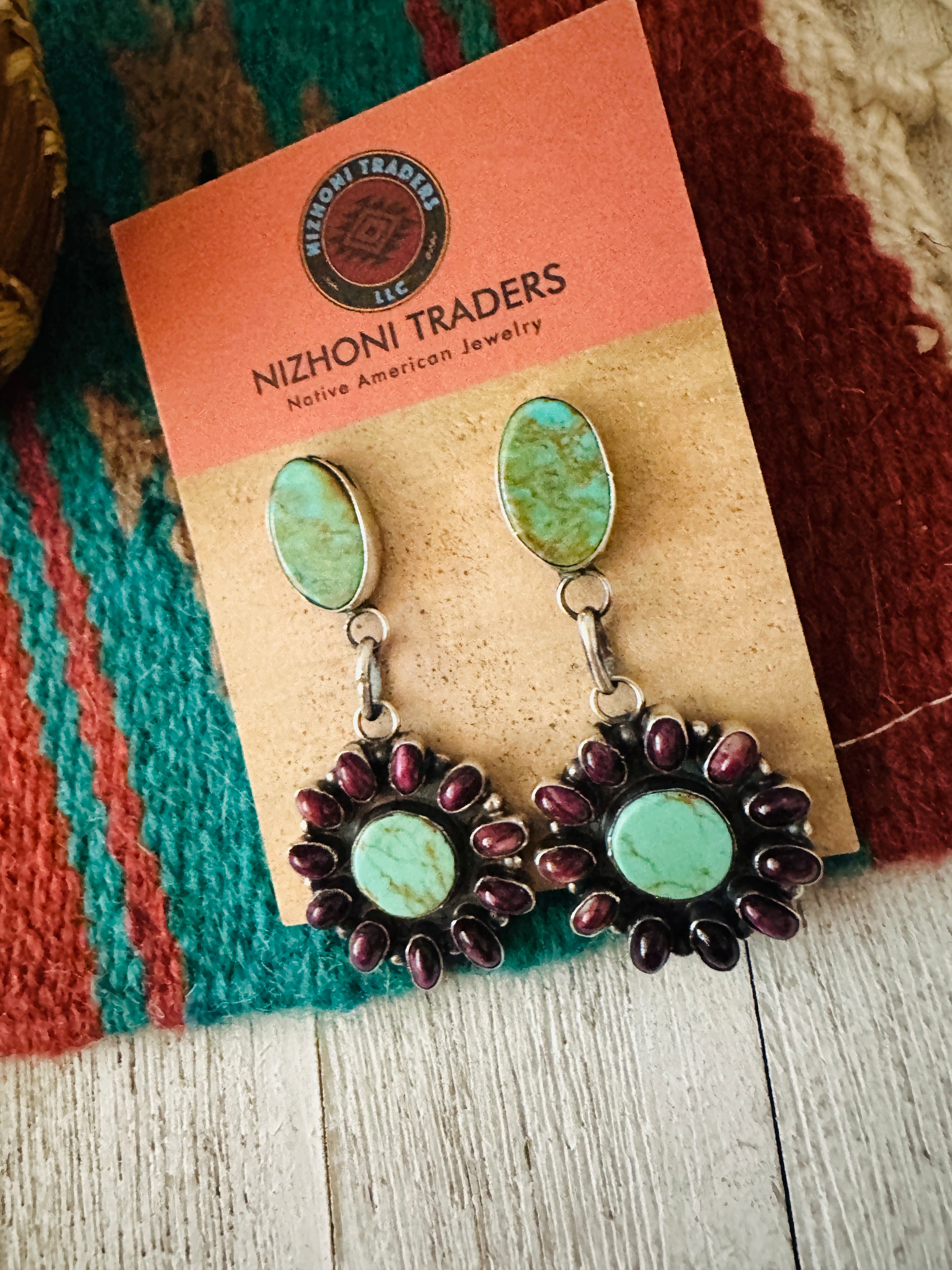 Navajo Turquoise, Spiny & Sterling Silver Dangle Earrings by Jacqueline Silver