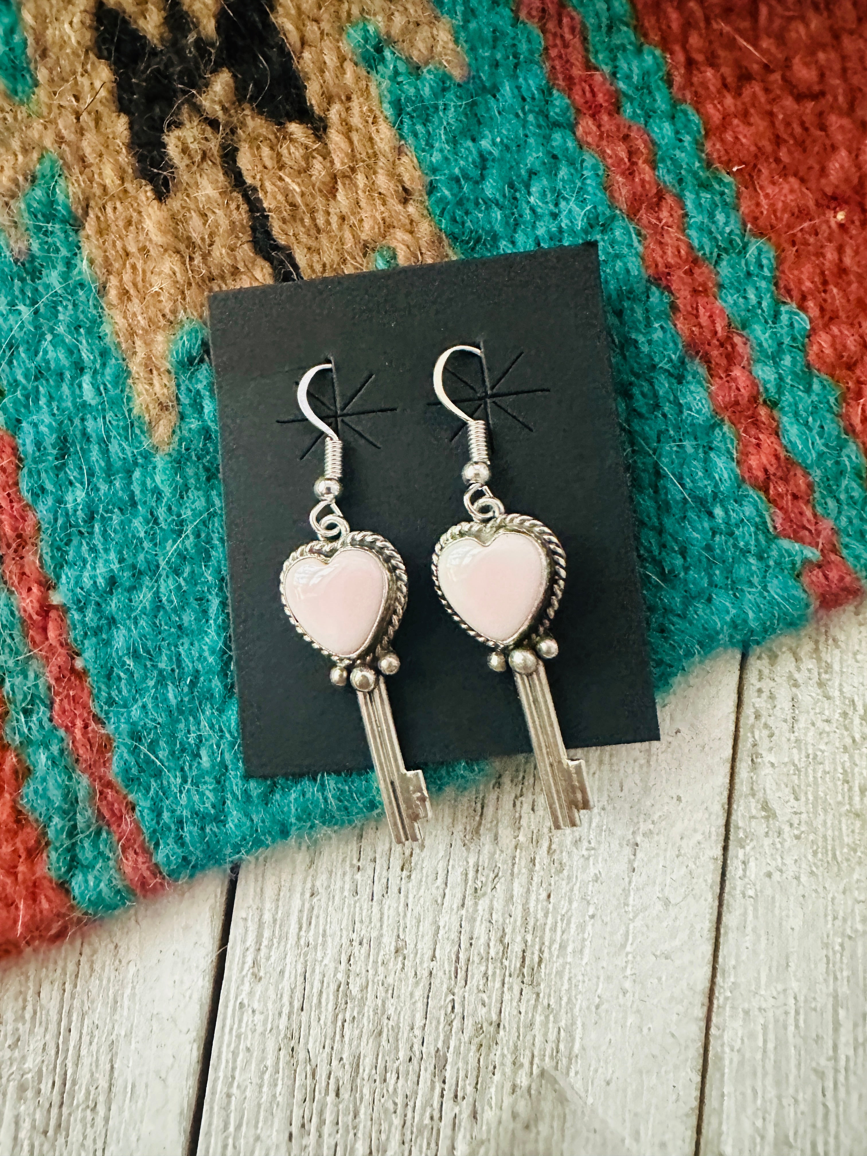 Navajo Queen Pink Conch & Sterling Silver Heart Dangle Earrings