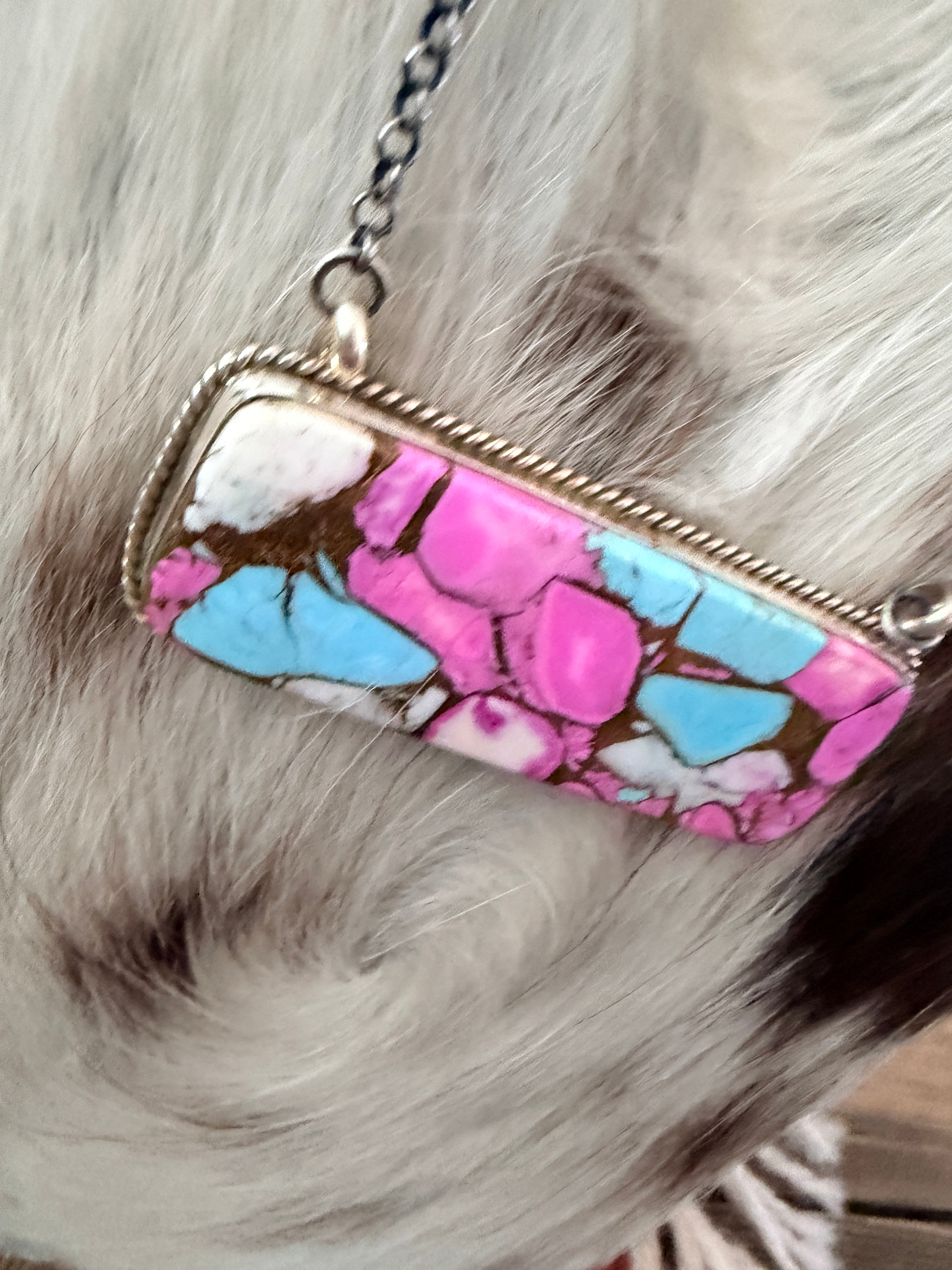 Handcrafted Cotton Candy & Sterling Silver Bar Necklace 18"