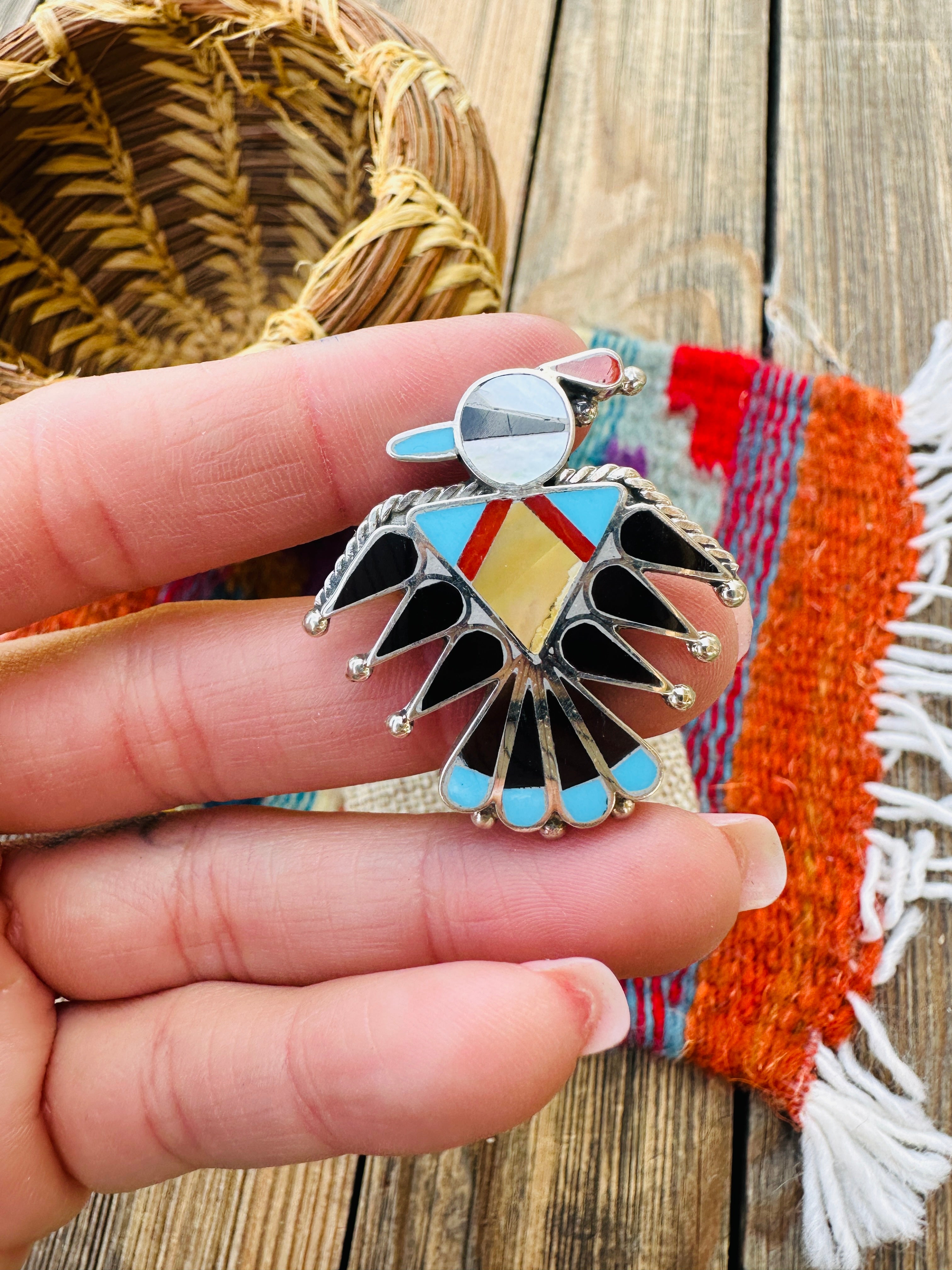 Old Pawn Handcrafted Multi Stone & Sterling Silver Thunderbird Ring Size 9.5