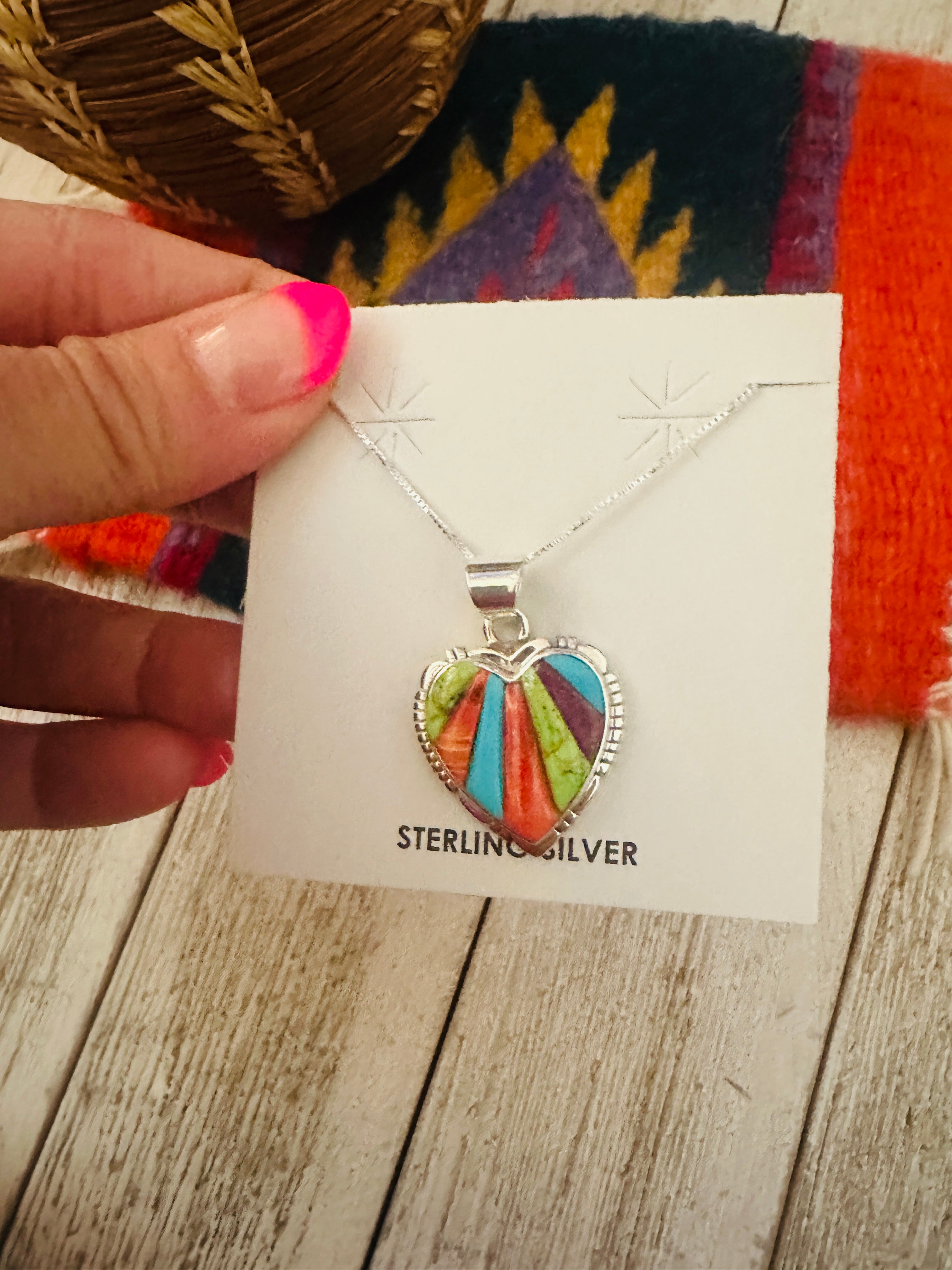 Navajo Multi Stone & Sterling Silver Inlay Heart Necklace