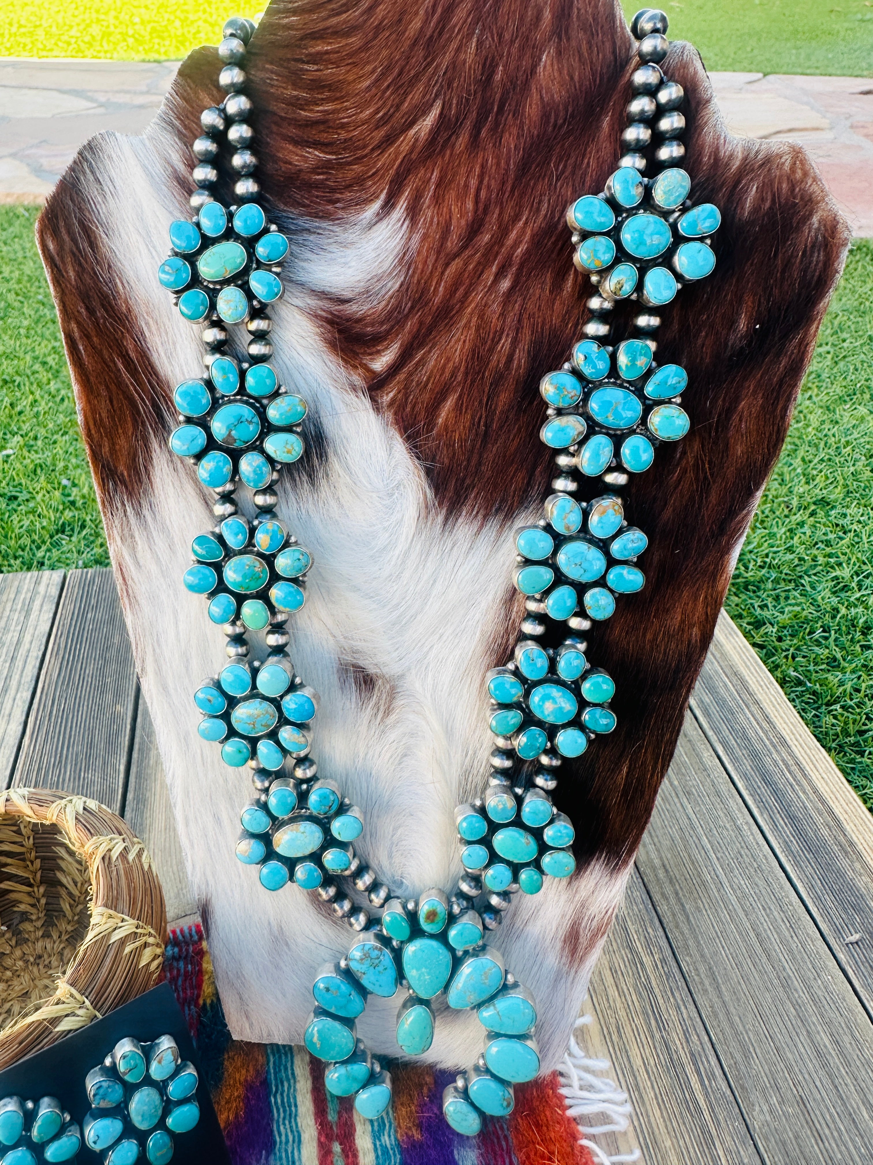 Handcrafted Turquoise & Sterling Silver Squash Blossom Necklace and Earring Set by Blaine Yellowhorse