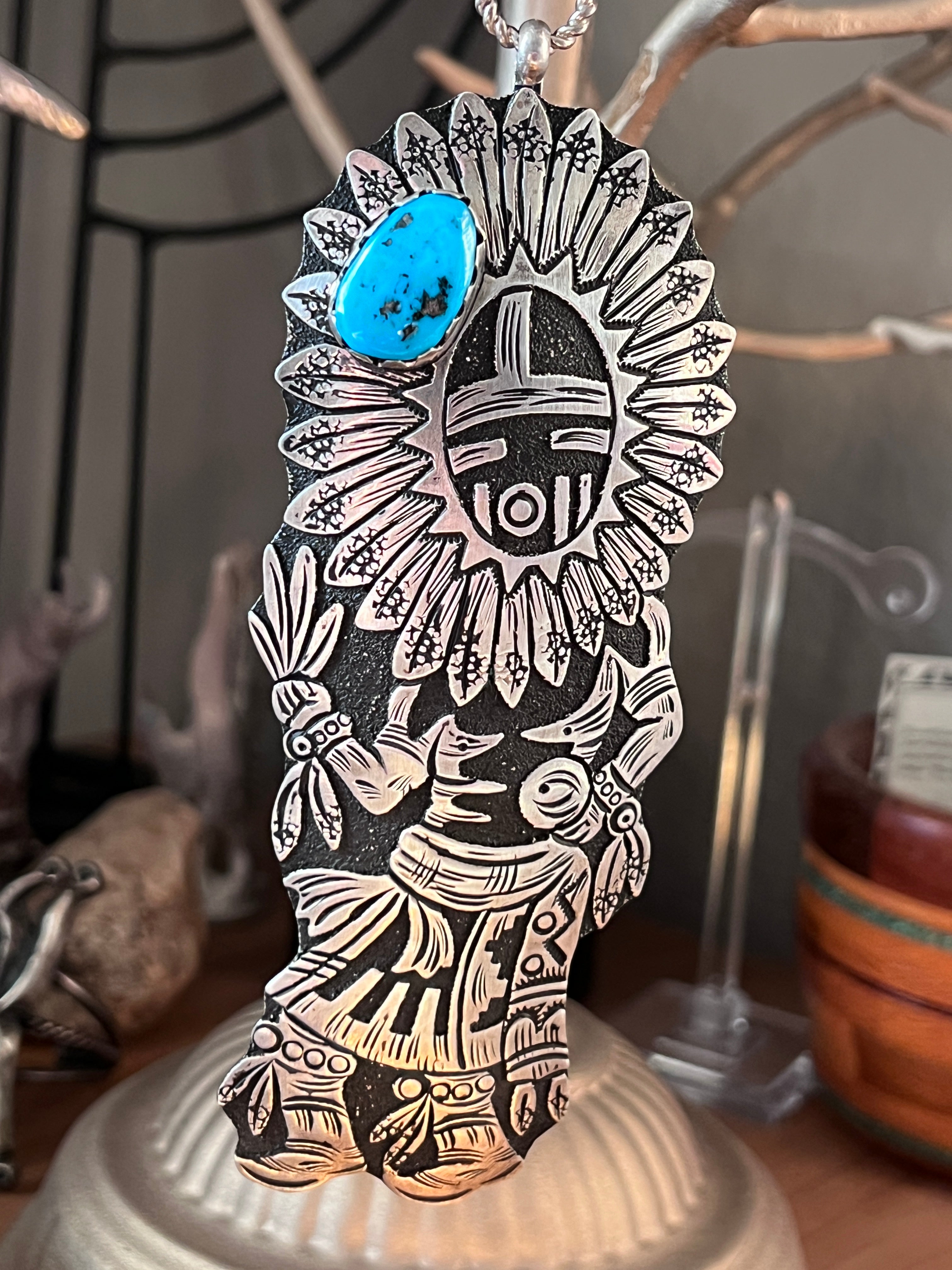 Richard Singer Sterling Silver Sun Dancer Kachina Pendant with Sleeping Beauty Turquoise