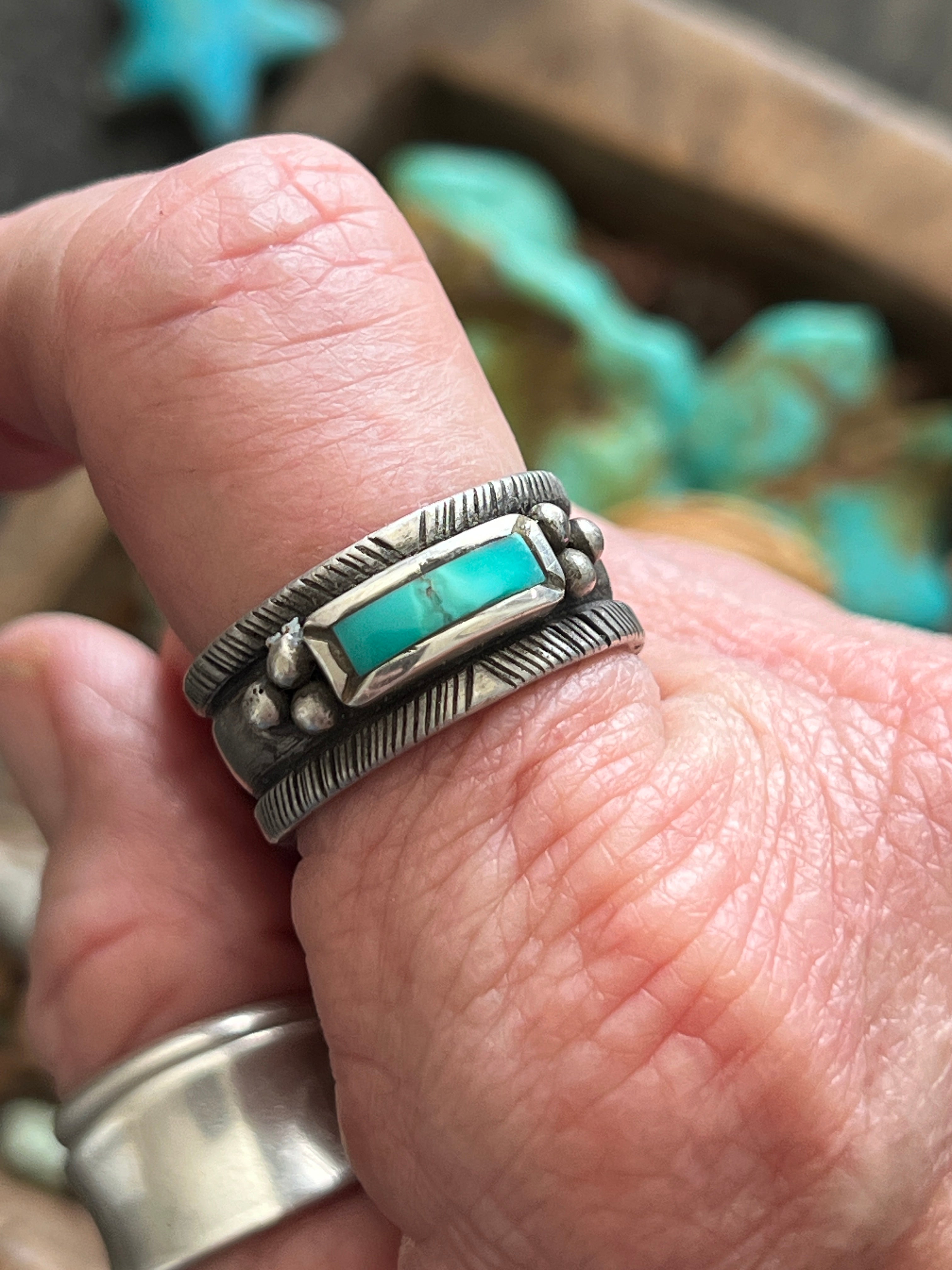 Falcon Trading Company Ingot Sterling Silver and Fox Turquoise Inlay Ring by Joe O’Neill, Size 10
