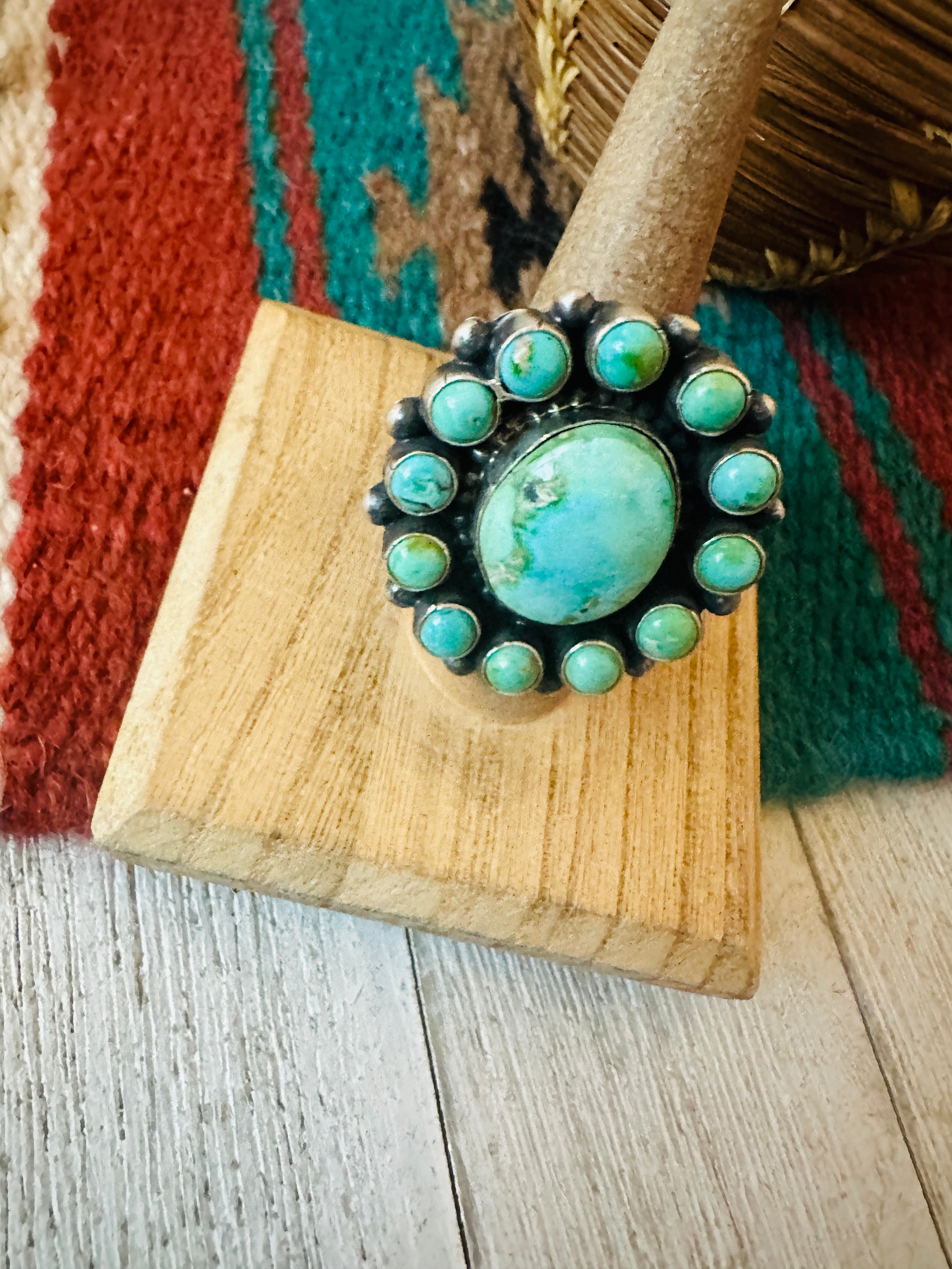 Navajo Turquoise & Sterling Silver Cluster Ring Size 8