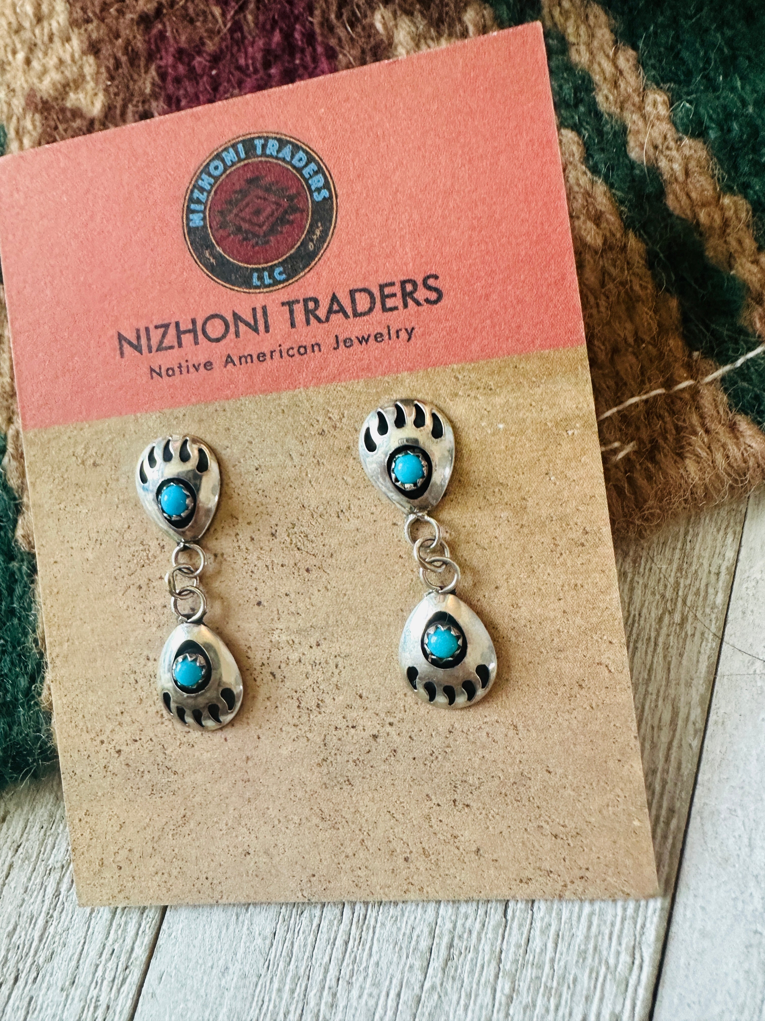 Navajo Turquoise & Sterling Silver Bear Paw Dangle Earrings