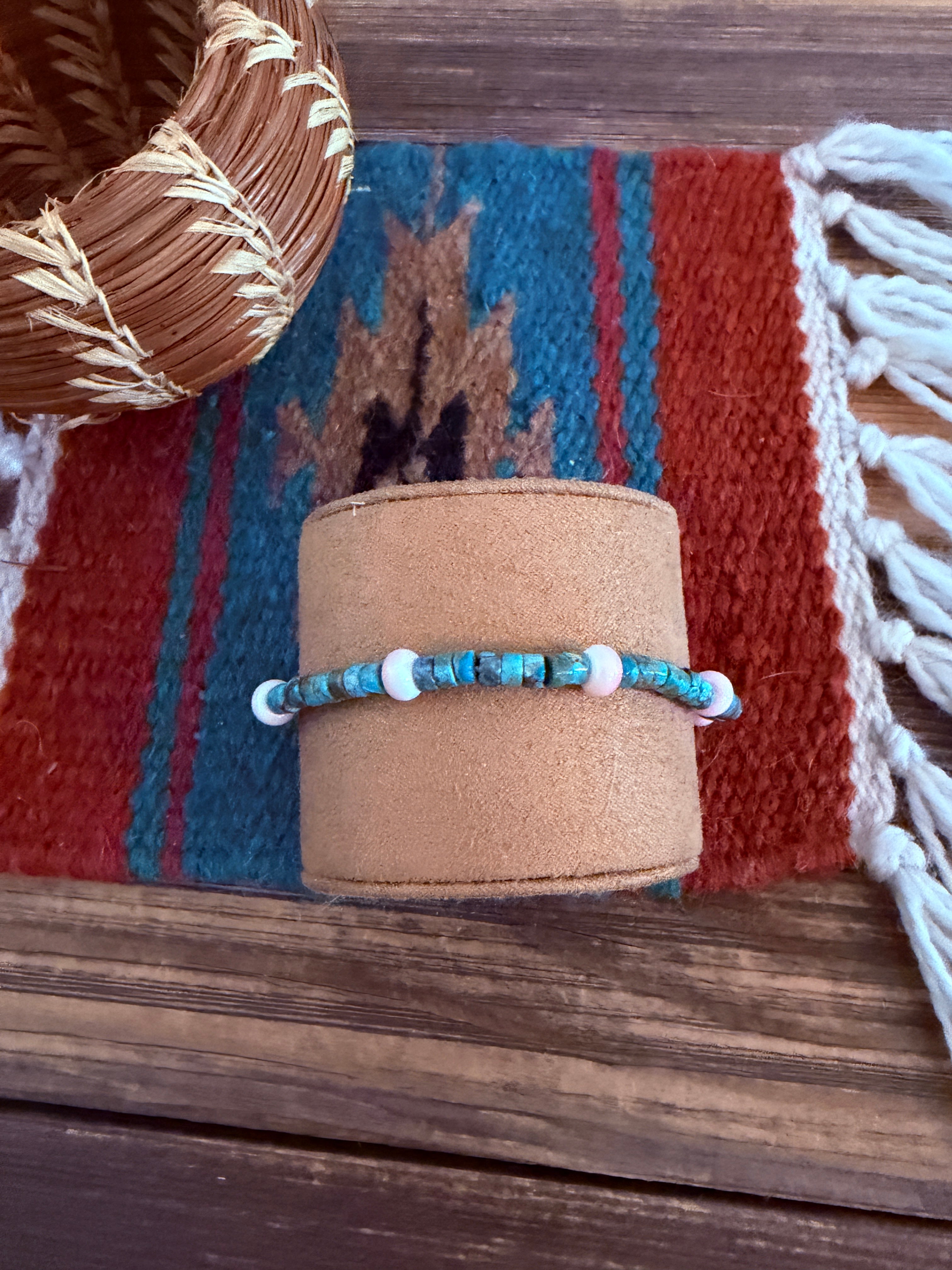 Handcrafted Turquoise & Queen Pink Conch Beaded Stretch Bracelet