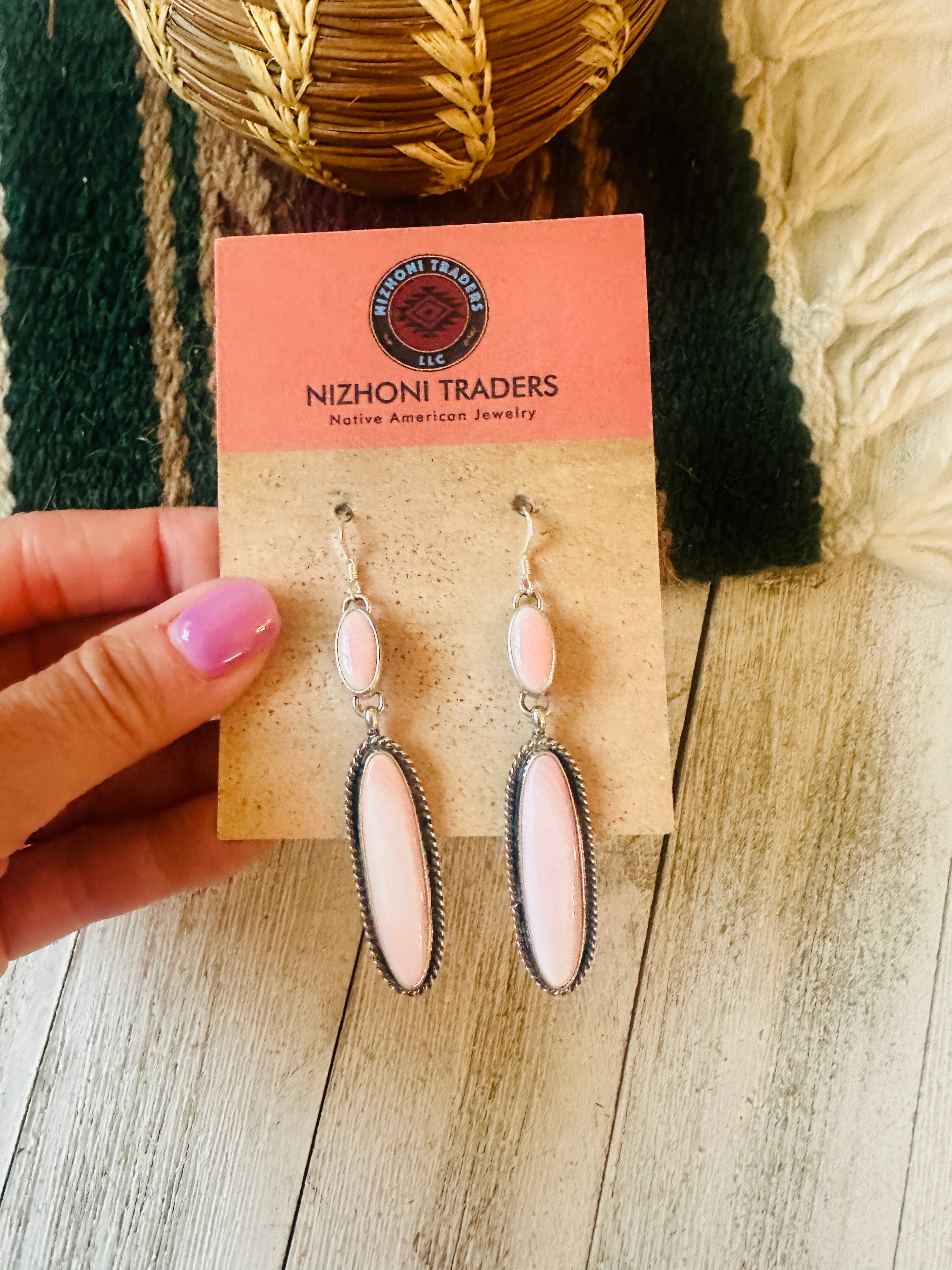 Navajo Sterling Silver & Queen Pink Conch Dangle Earrings