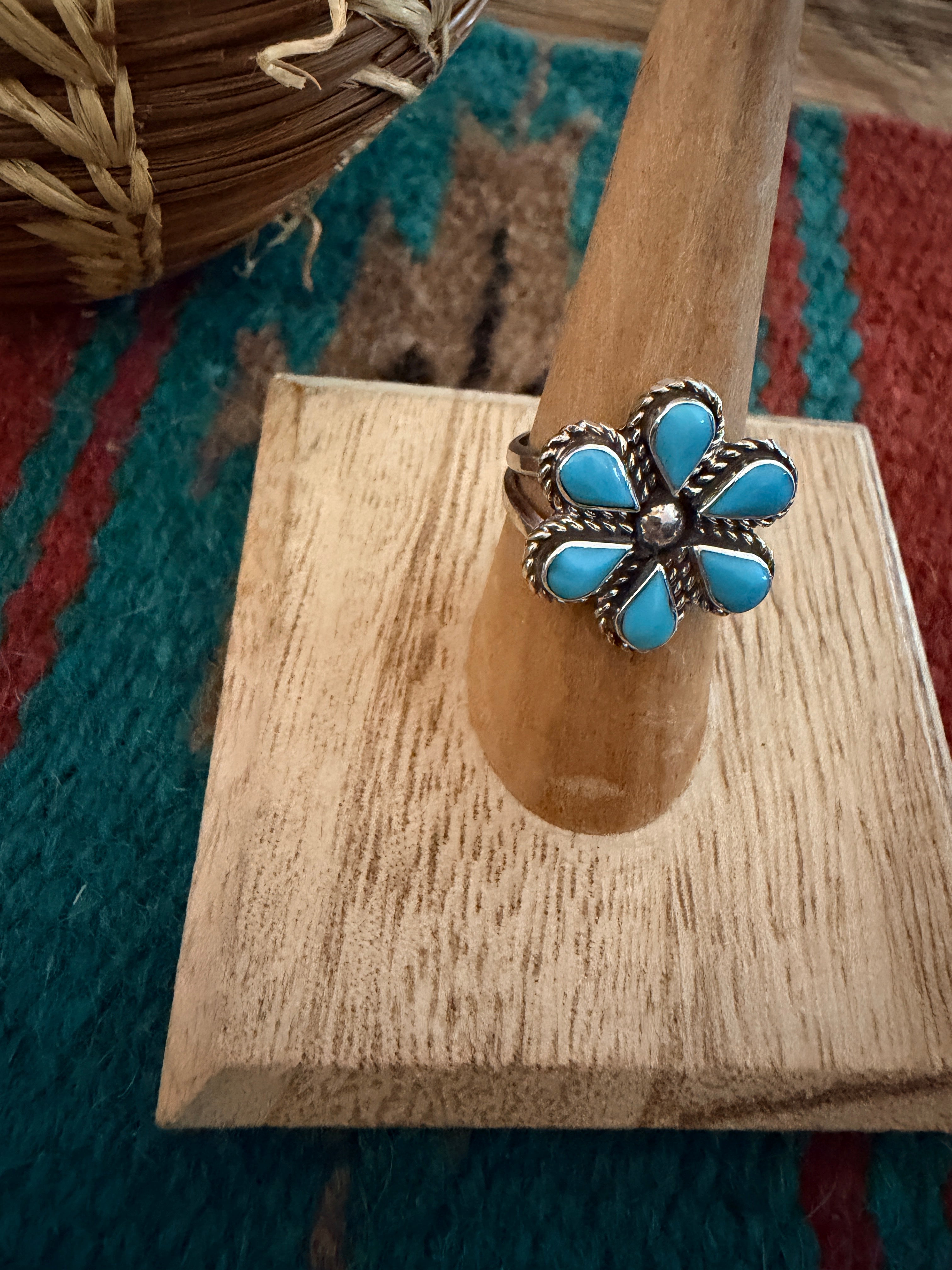 Handcrafted Turquoise & Sterling Silver Cluster Ring Size 7.75