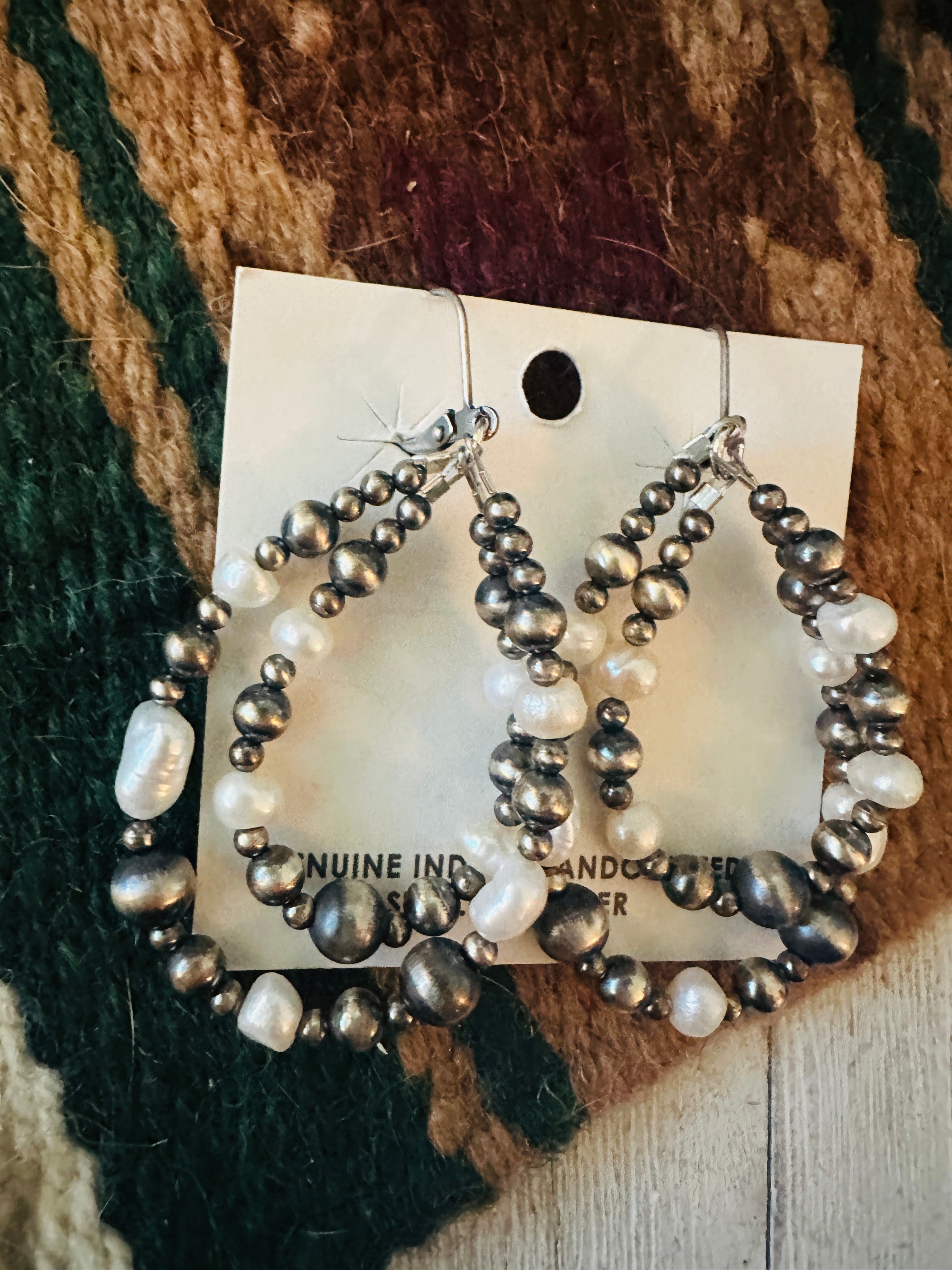 Navajo Natural Pearl & Sterling Silver Beaded Double Hoop Dangle Earrings