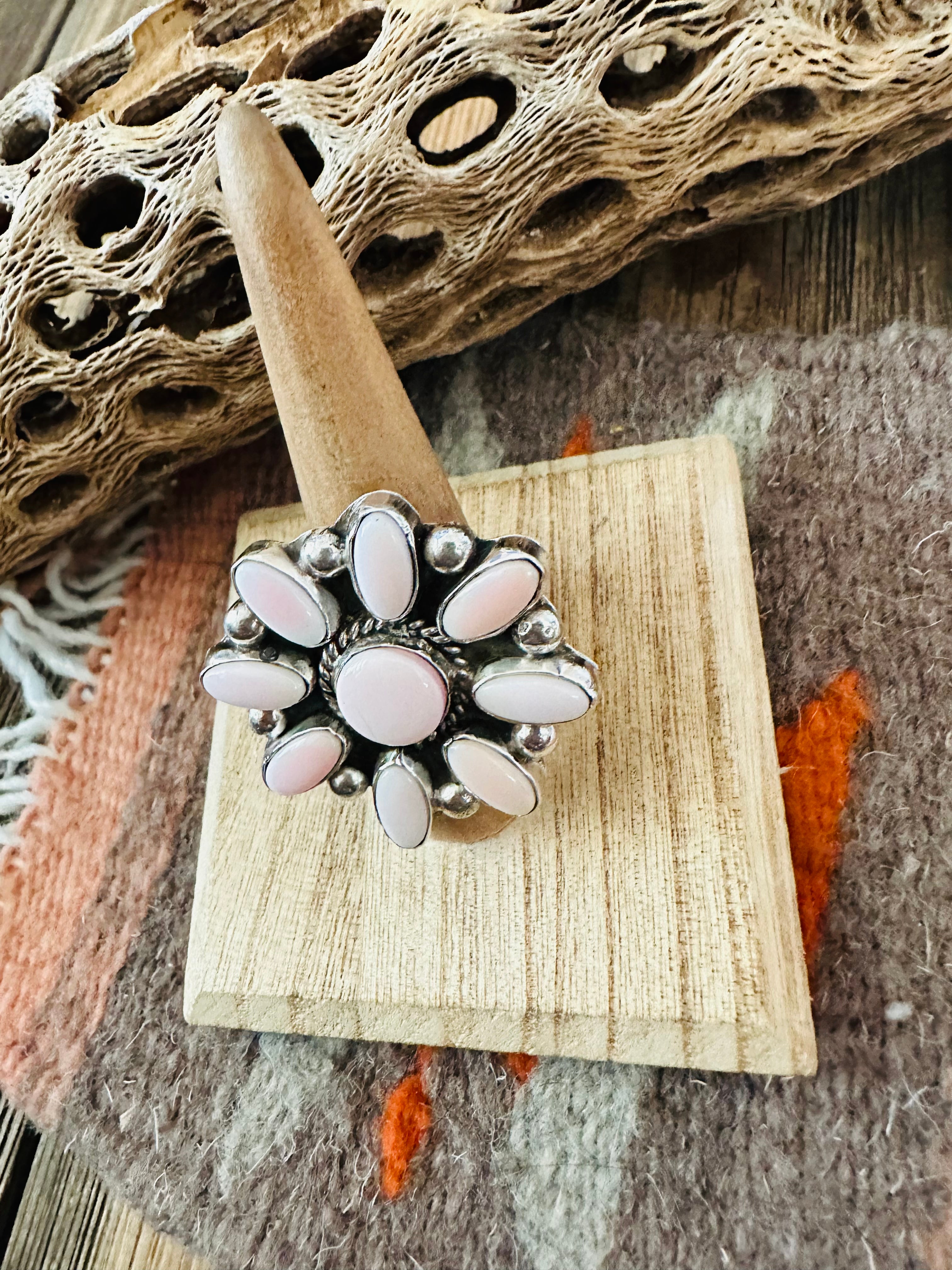 Handcrafted Sterling Silver and Queen Pink Conch Shell Adjustable Flower Ring