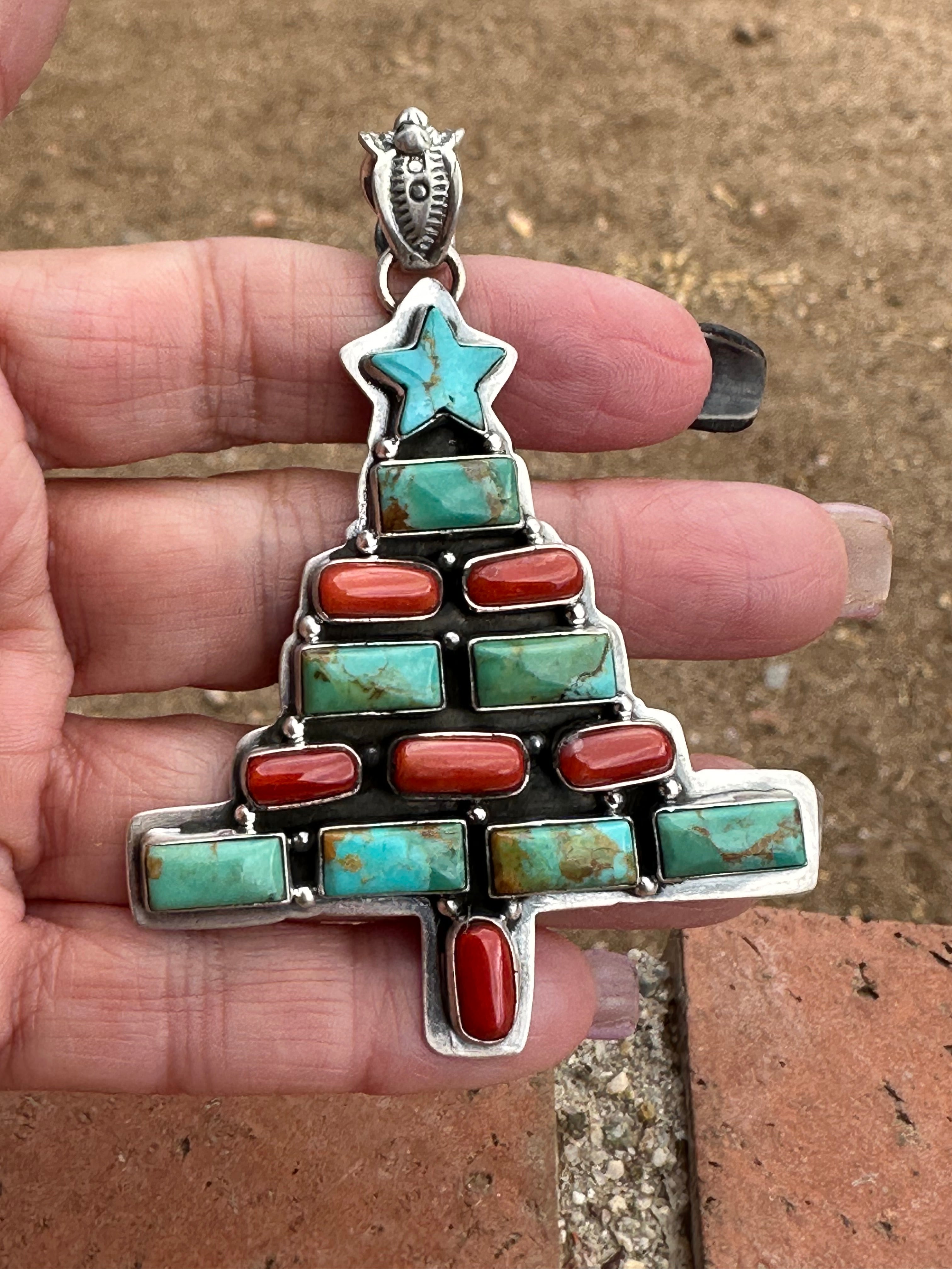 Handmade Sterling Silver, Coral & Turquoise Christmas Tree Pendant