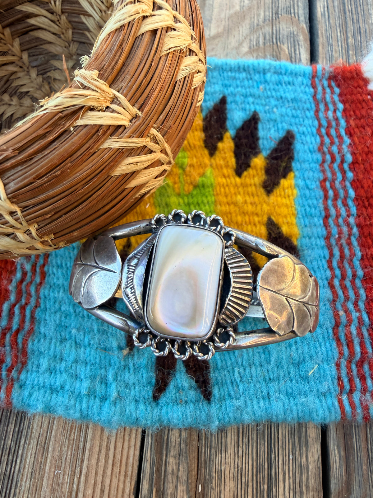 Handcrafted Old Pawn Sterling Silver & Mother of Pearl Cuff Bracelet