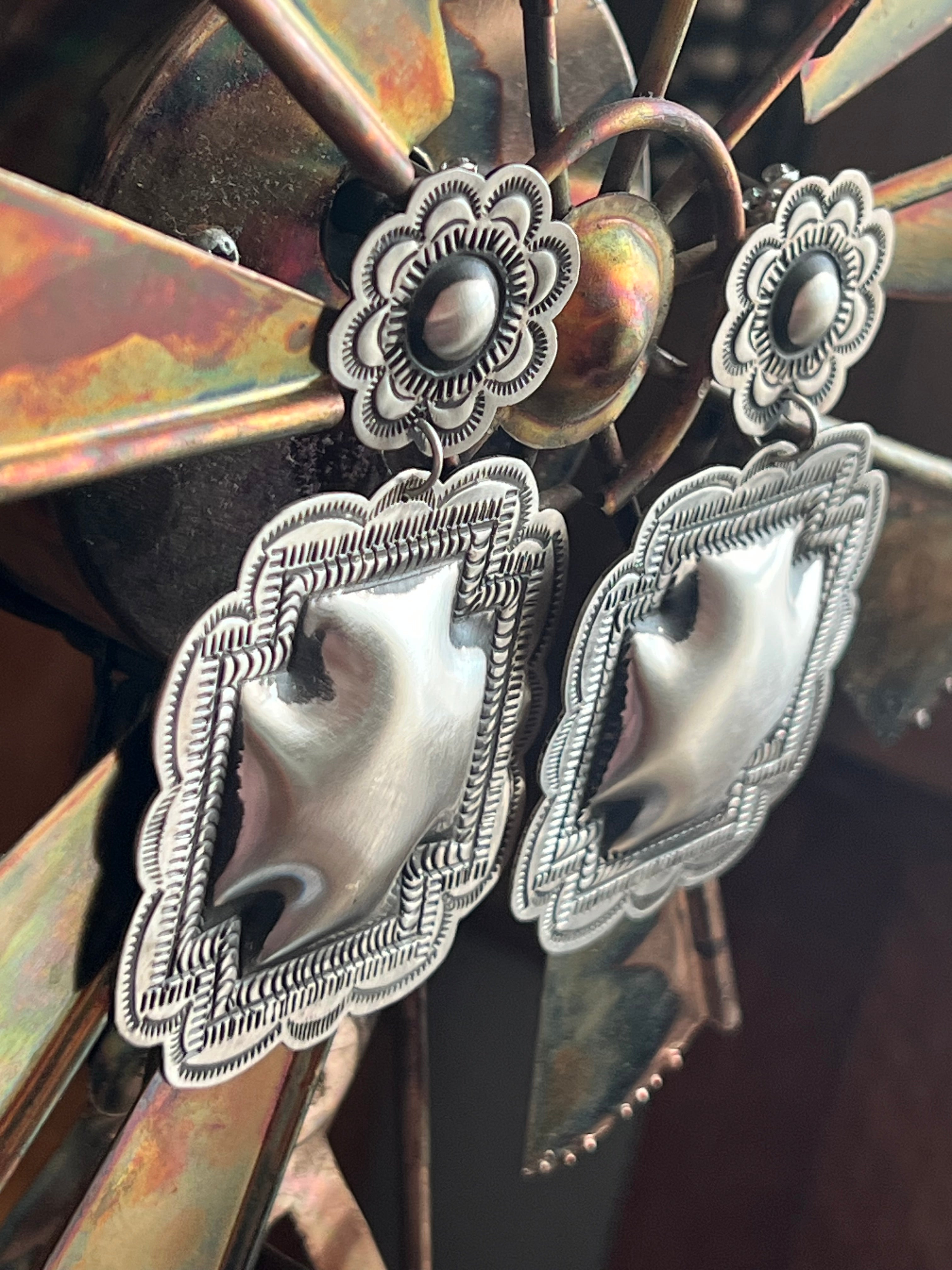 Handcrafted Sterling Silver Stamped Repousse Santa Fe Cross Earrings by Leander Tahe, C3