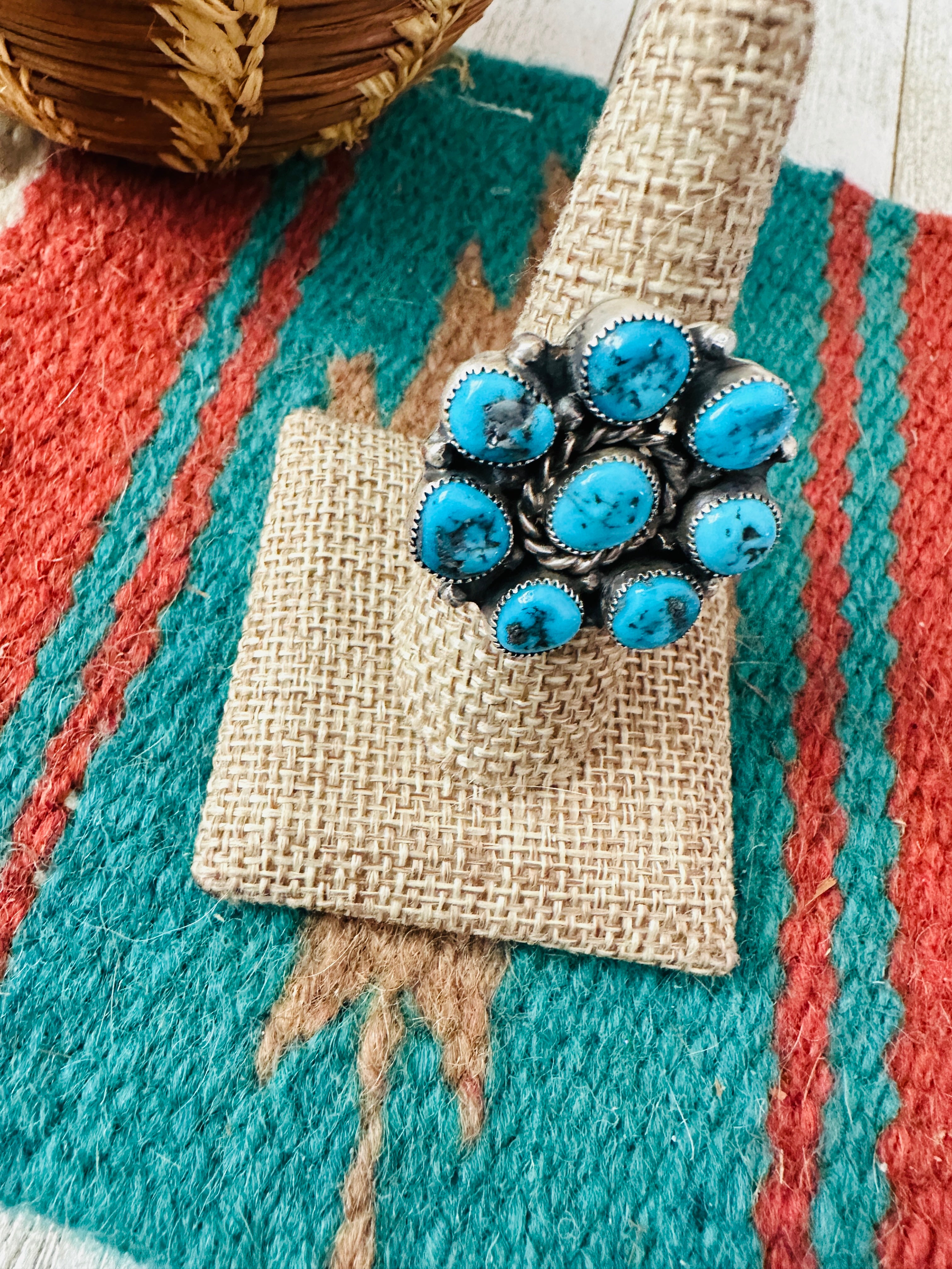 Handcrafted Turquoise & Sterling Silver Cluster Adjustable Ring