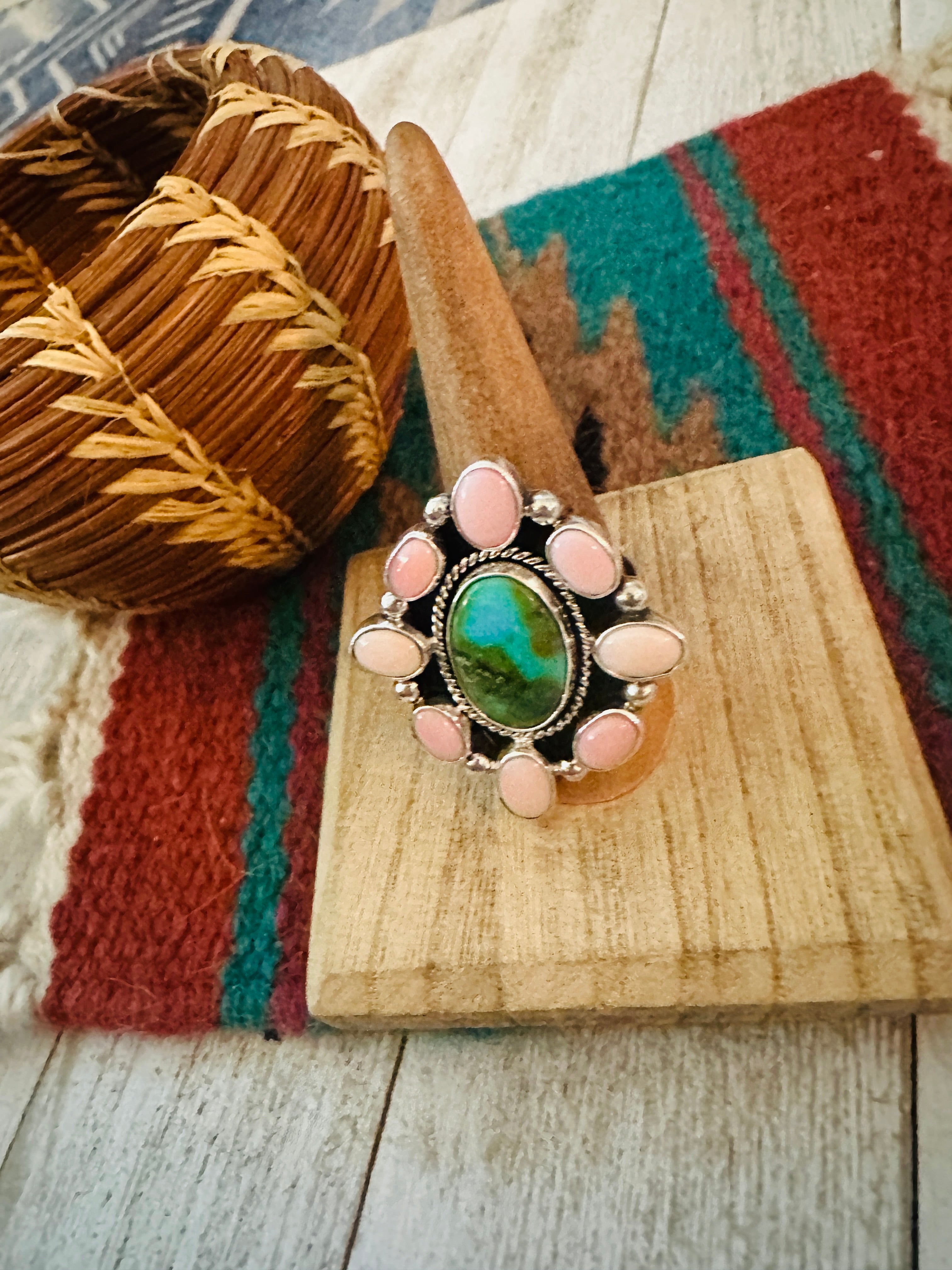 Navajo Sterling Silver, Queen Pink Conch & Turquoise Cluster Adjustable Ring