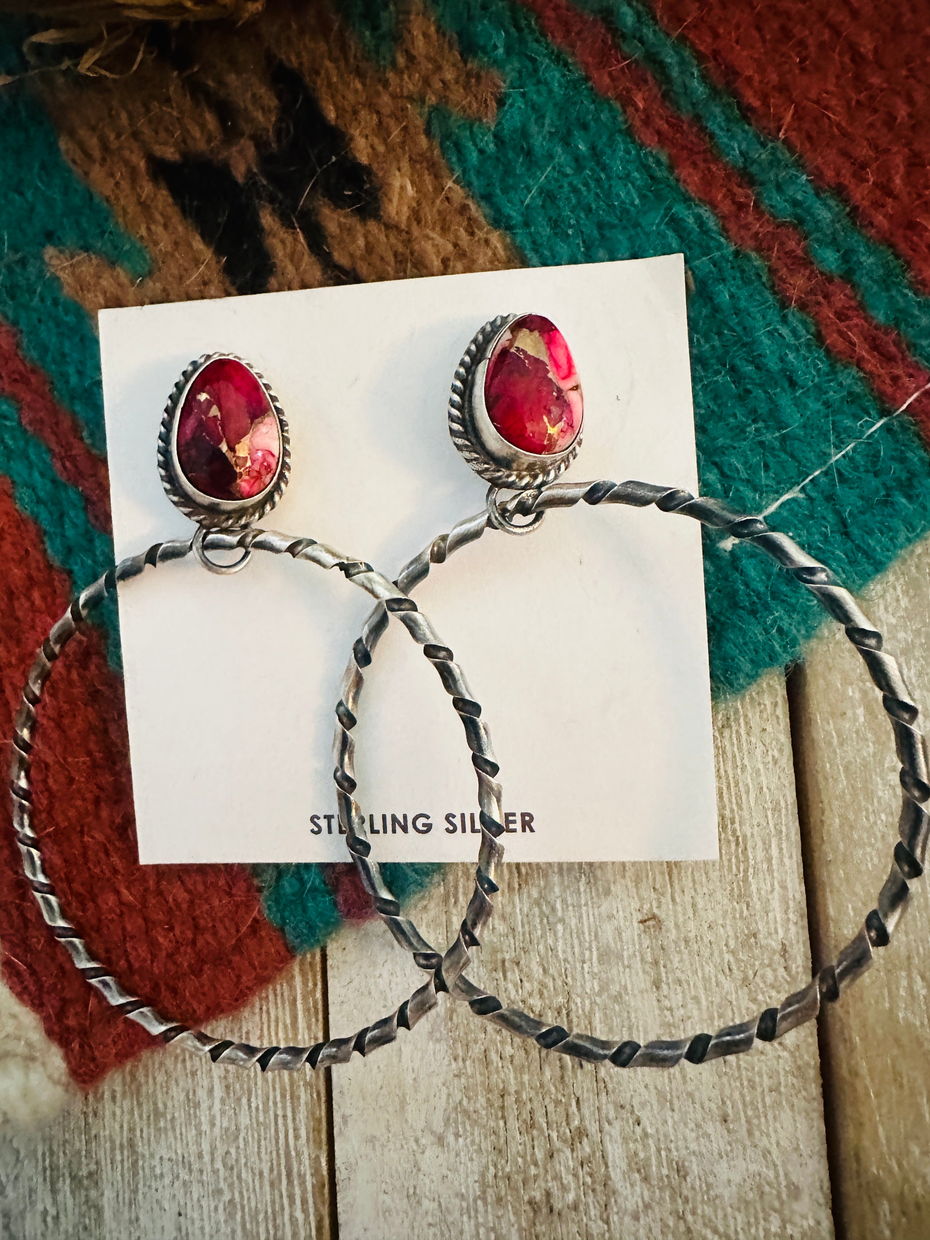 Navajo Rose Dahlia and Sterling Silver Dangle Hoop Earrings