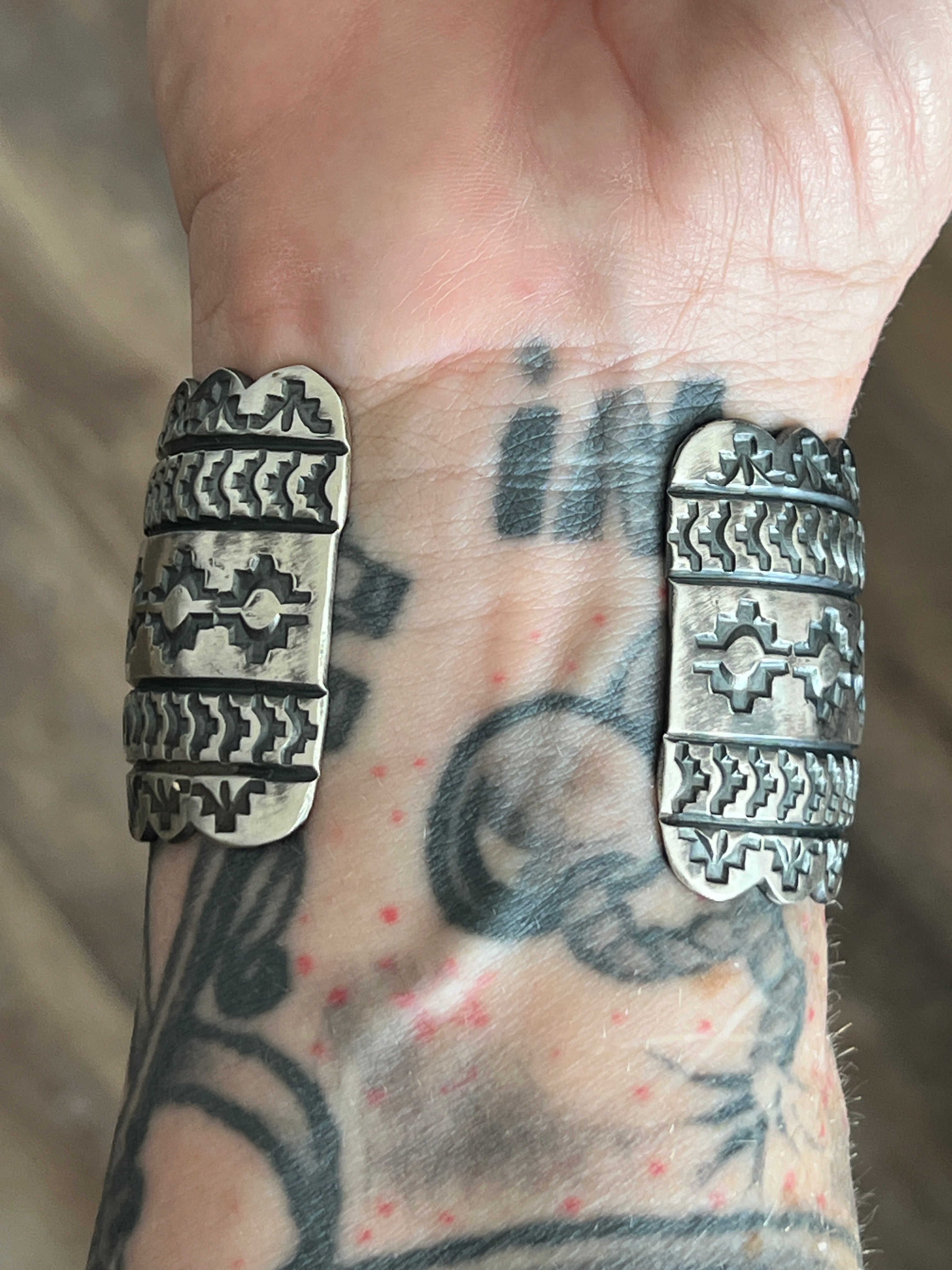 Navajo Hand Stamped Sterling Silver and Blackjack Turquoise Cuff Bracelet by Randy Boyd