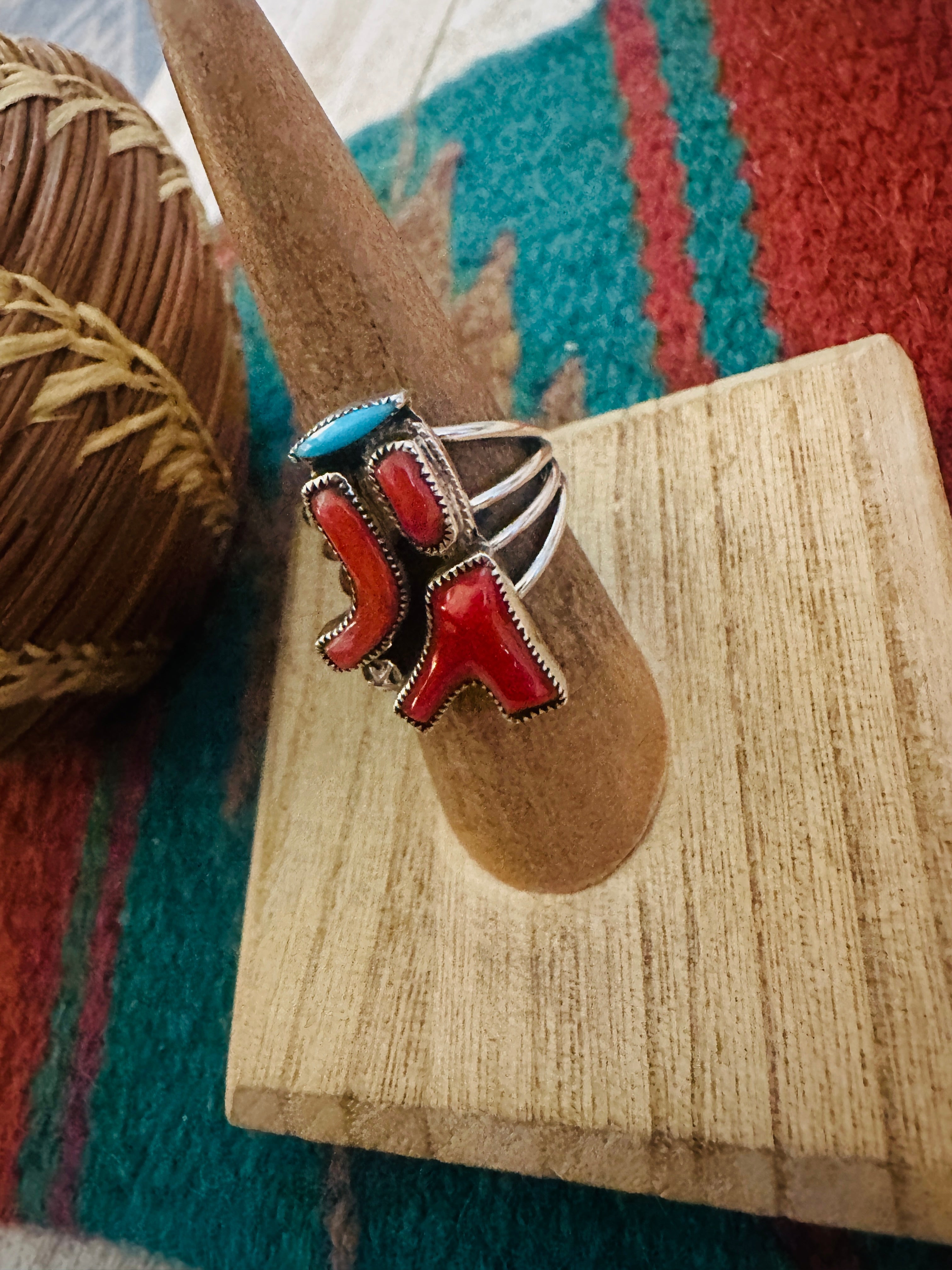 Zuni Coral, Turquoise & Sterling Silver Ring Size 6