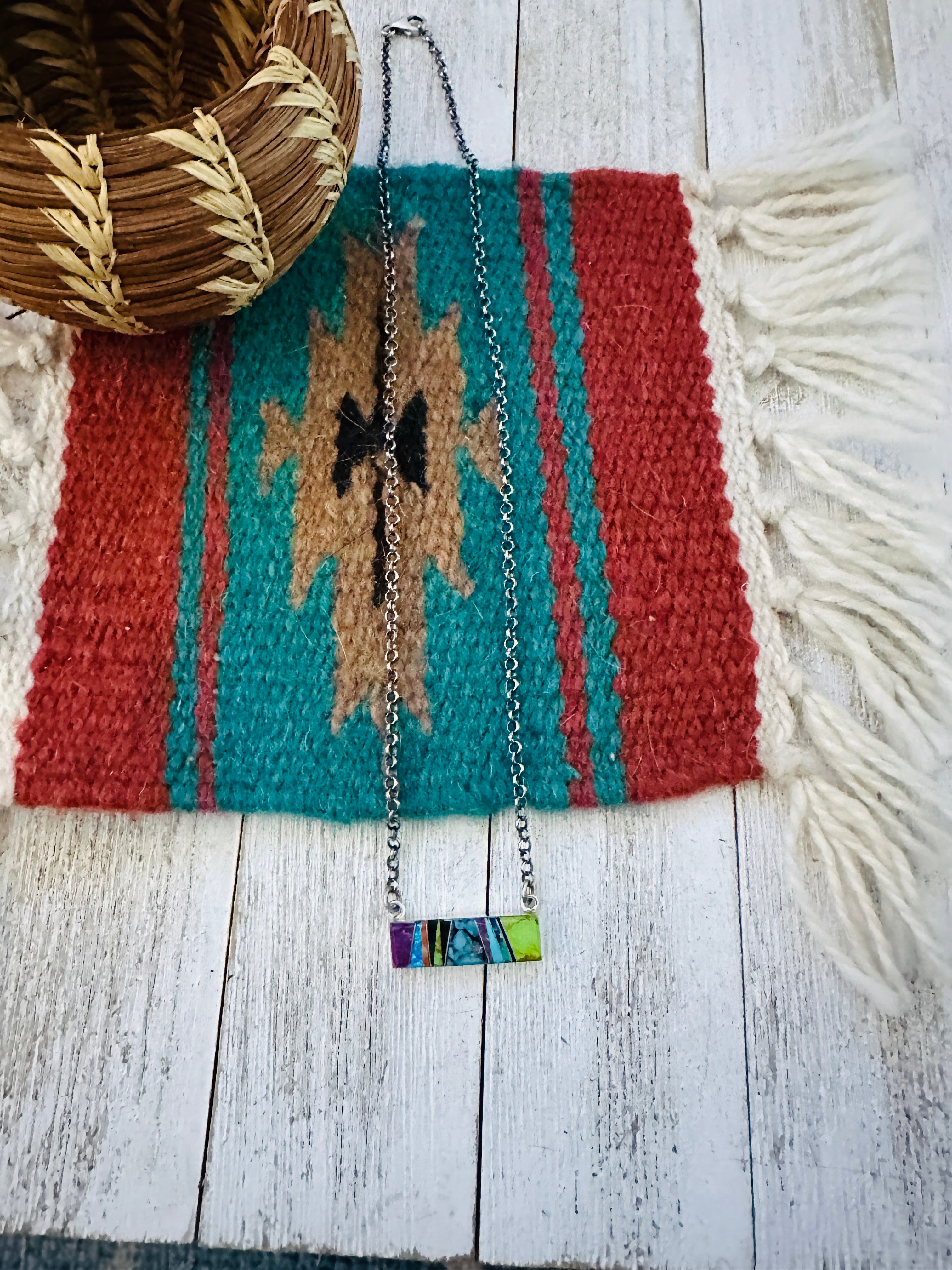 Navajo Multi Stone & Sterling Silver Inlay Bar Necklace