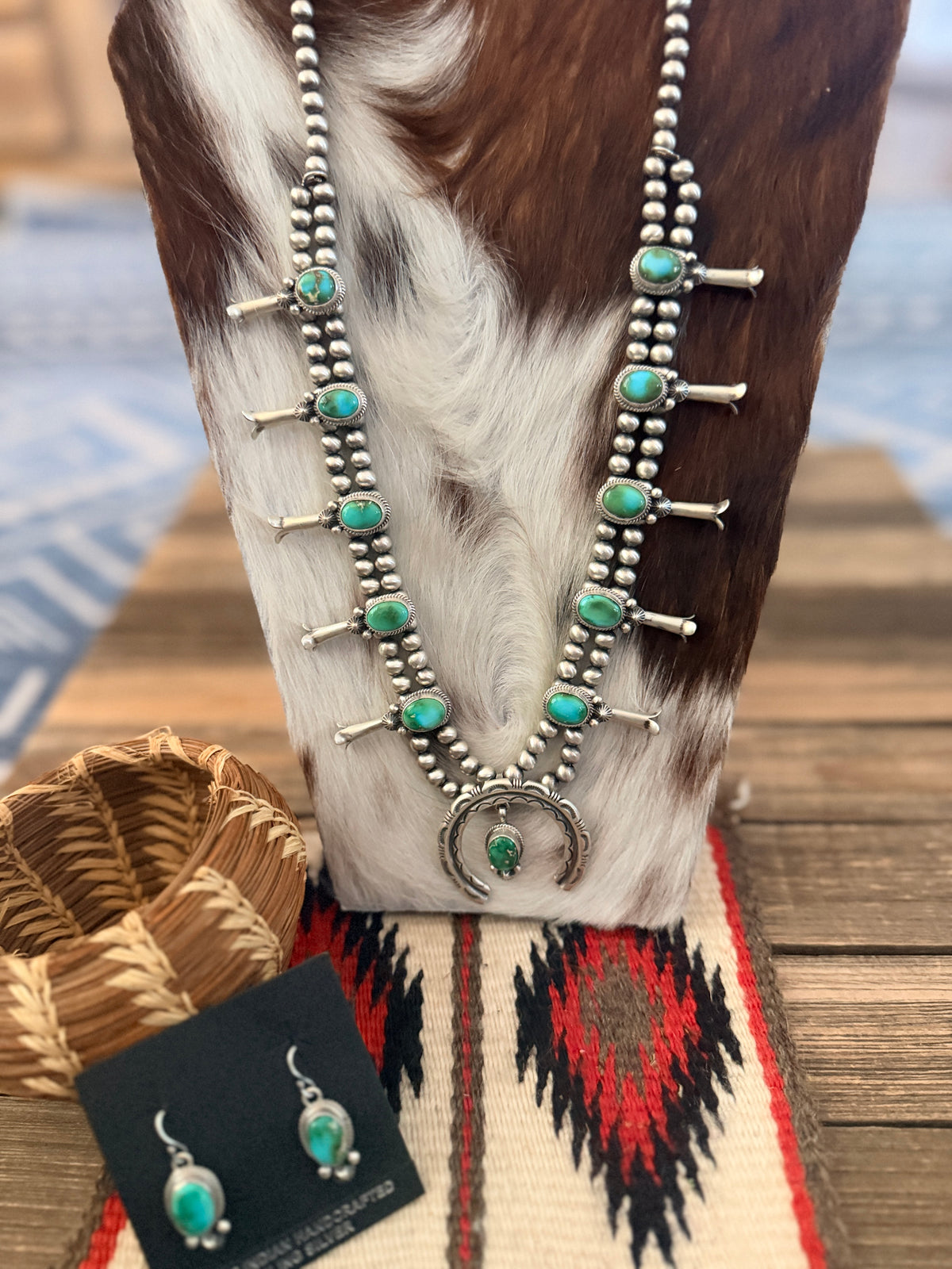 Handcrafted Sonoran Mountain Turquoise & Sterling Silver Beaded Squash Blossom Necklace Set by Melvin Francis
