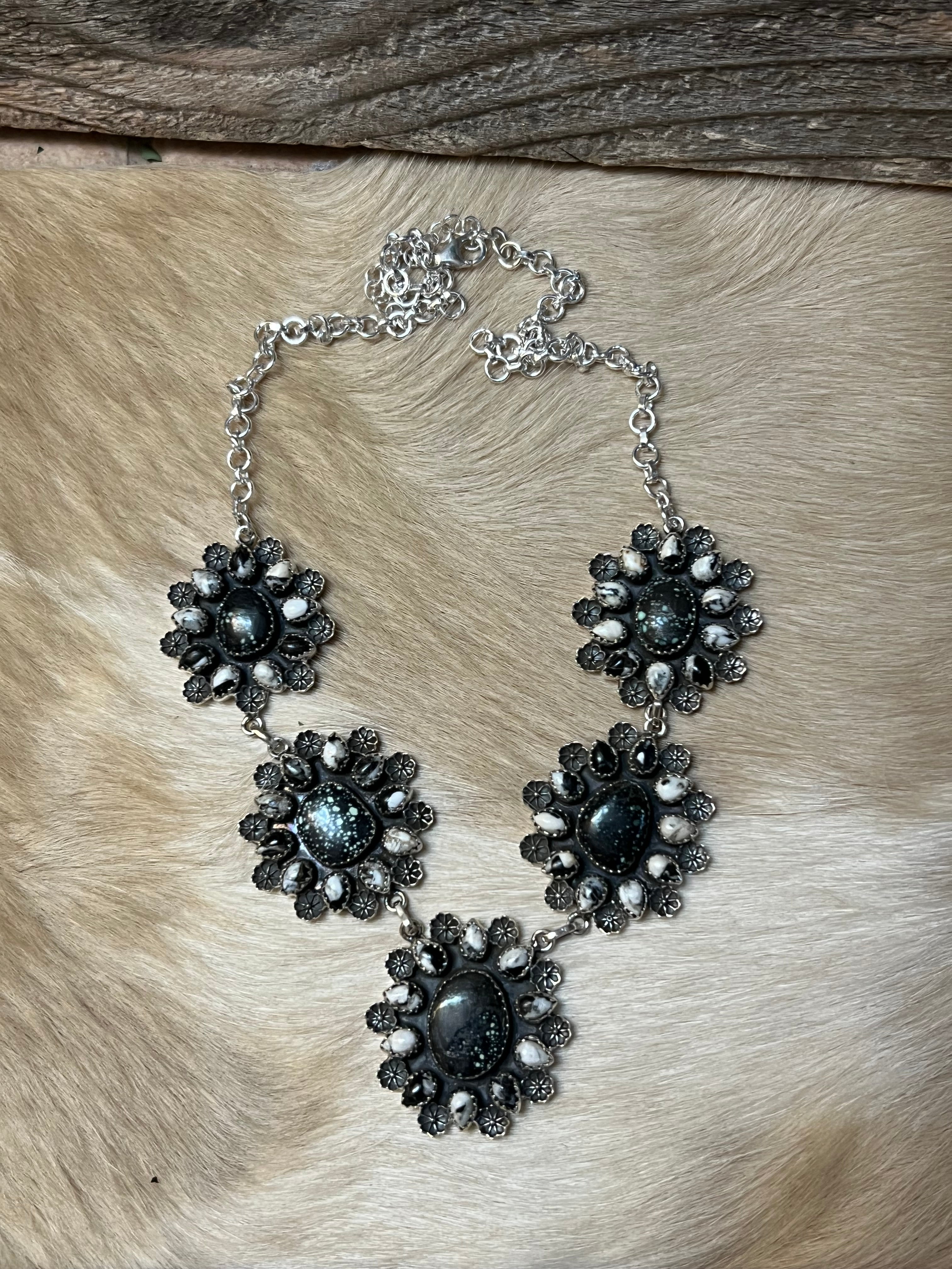 Handmade Newlander Turquoise & White Buffalo Sterling Silver Drop Necklace