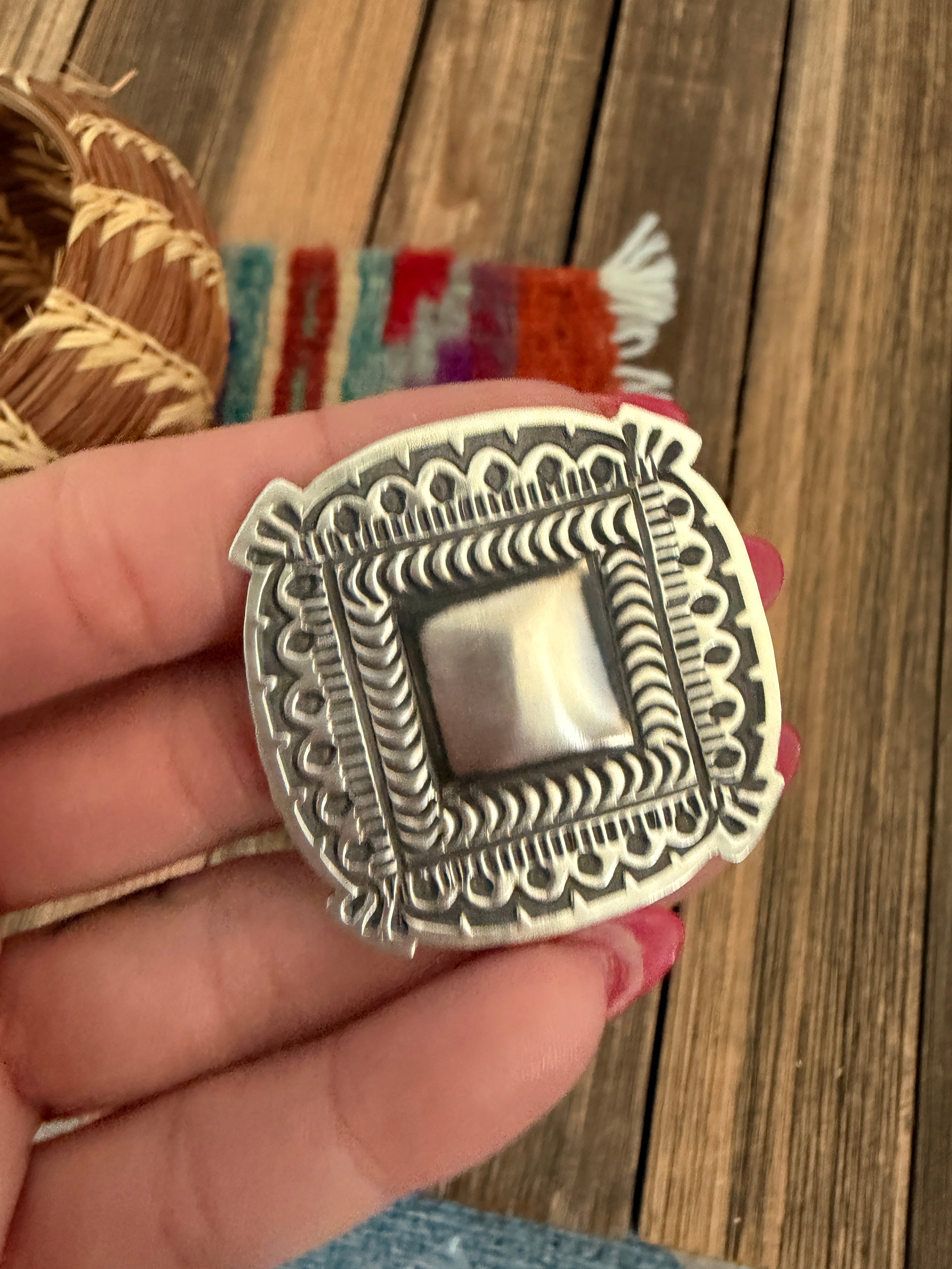 Handcrafted Sterling Silver Adjustable Concho Ring by Leander Tahe