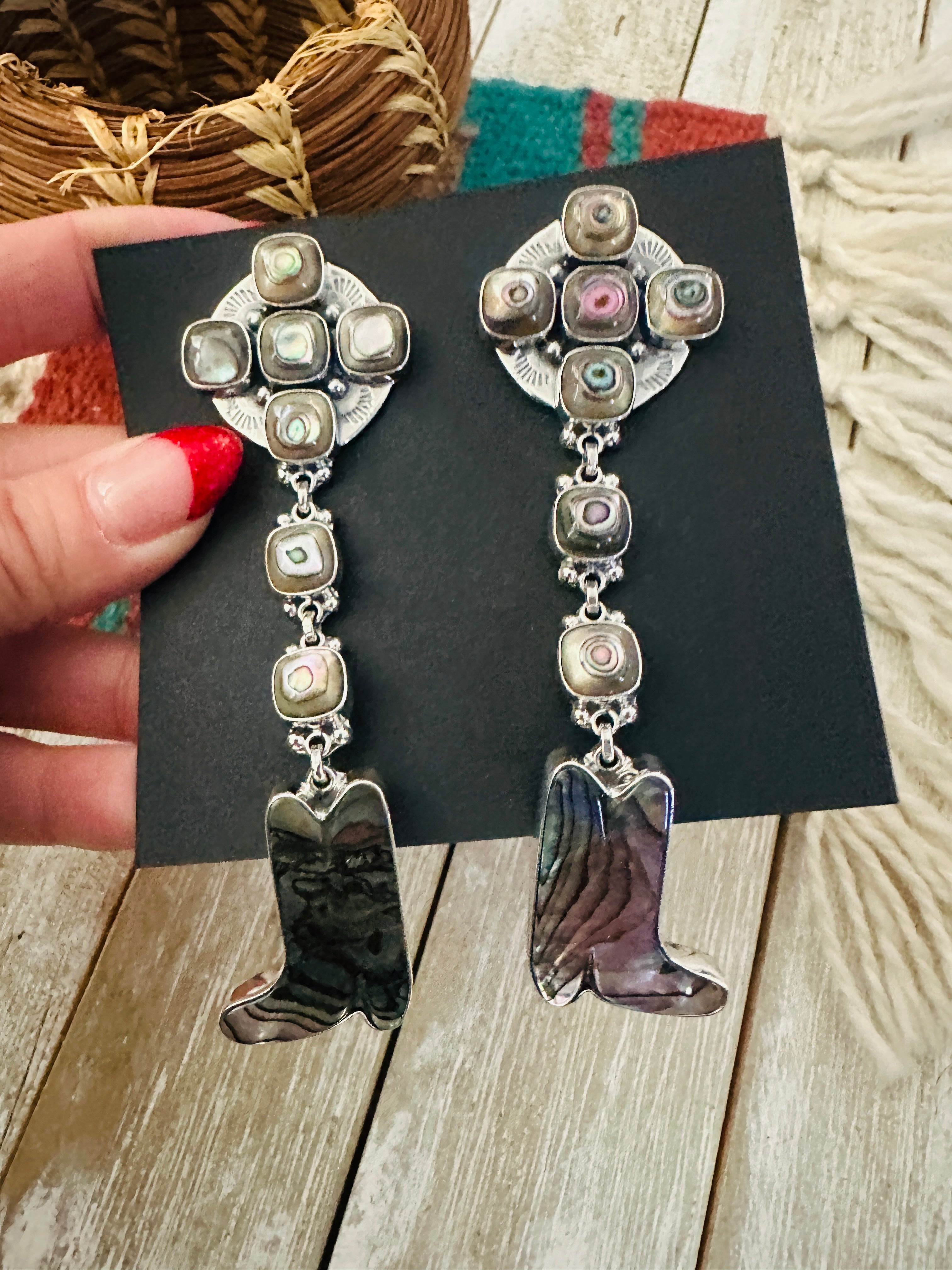 Handcrafted Abalone & Sterling Silver Cowboy Boot Dangle Earrings by Federico Jimenez