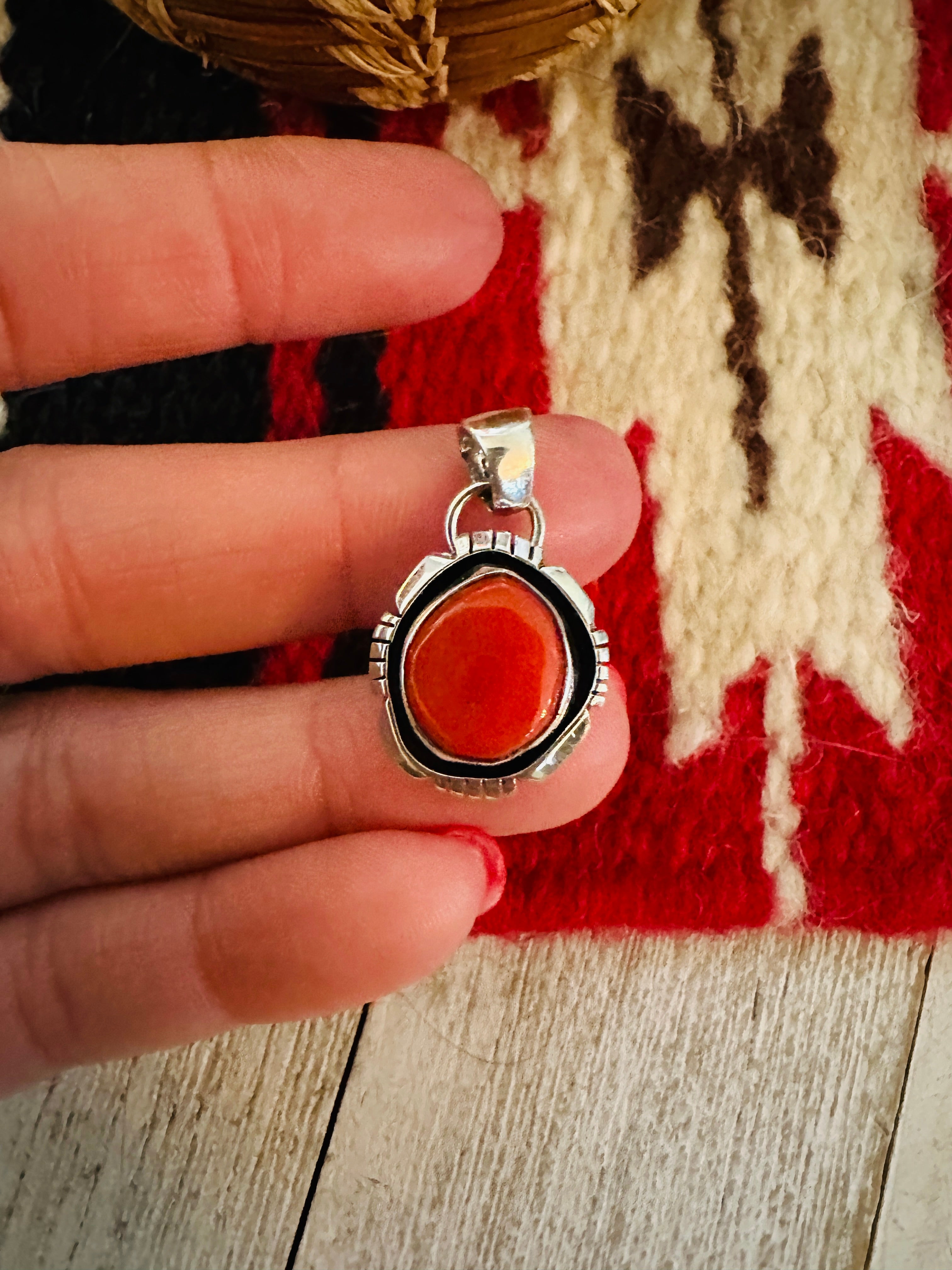 Navajo Sterling Silver & Coral Shadowbox Pendant