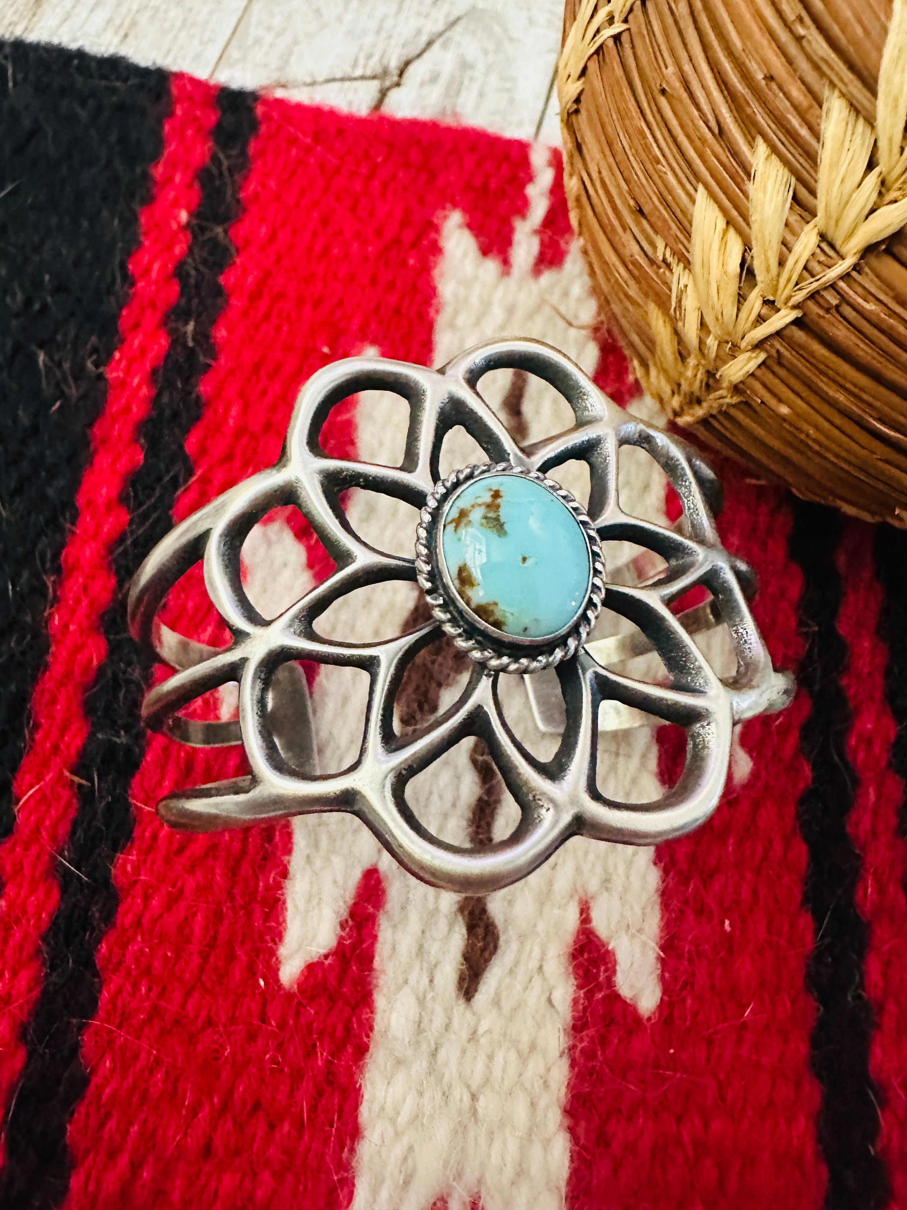 Handcrafted Golden Hills Turquoise & Sterling Silver Flower Cuff Bracelet