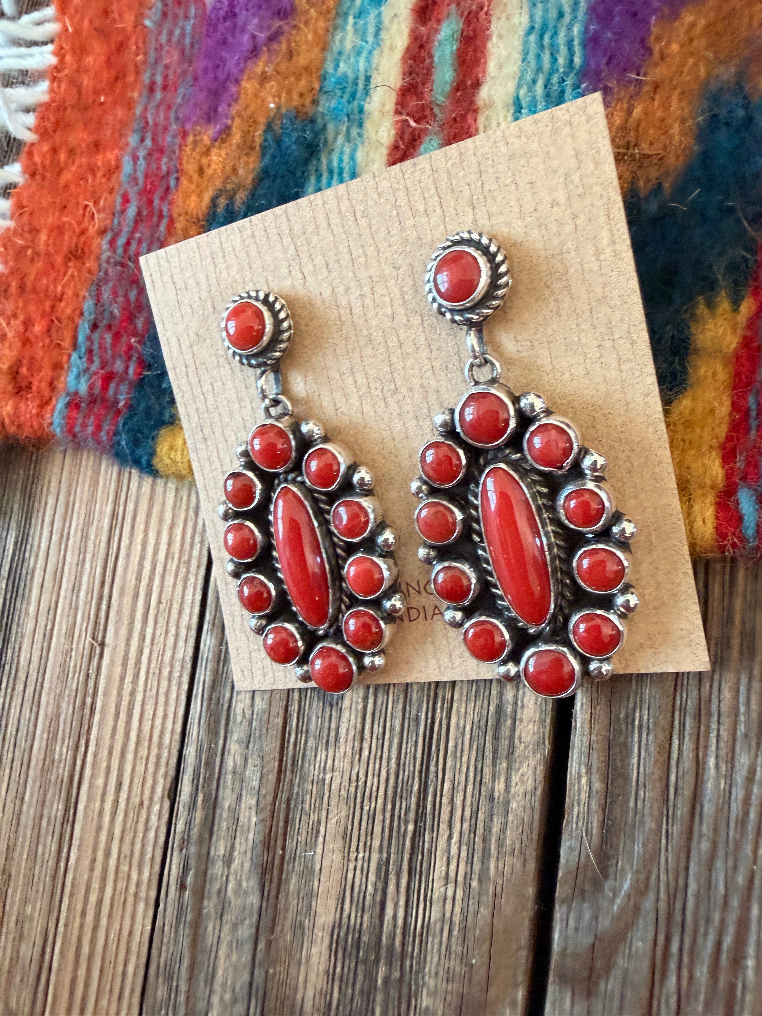 Handcrafted Coral & Sterling Silver Cluster Dangle Earrings