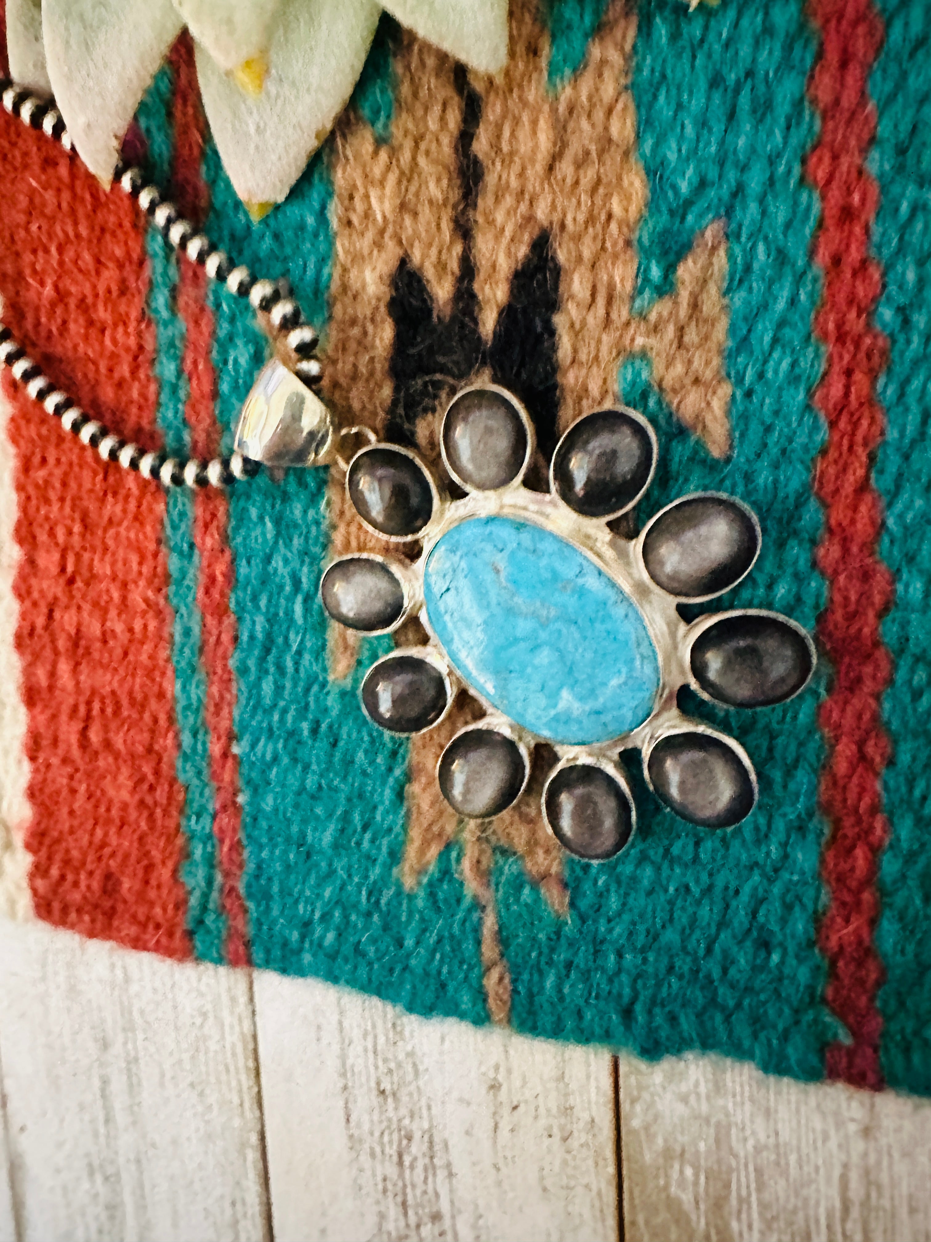 Navajo Black Abalone, Turquoise & Sterling Silver Cluster Pendant