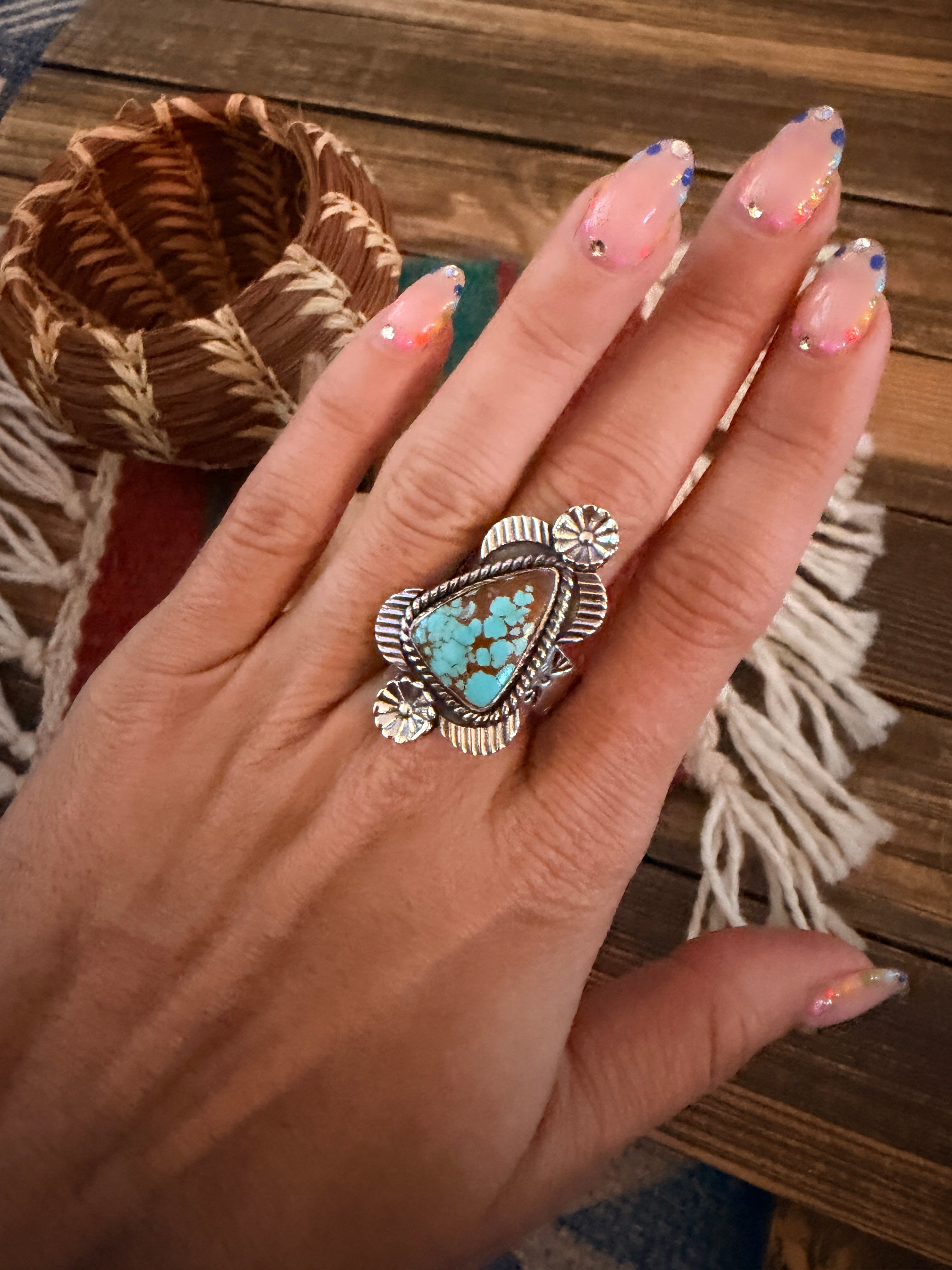 Handmade Sterling Silver Number 8 Turquoise Adjustable Ring Signed Nizhoni