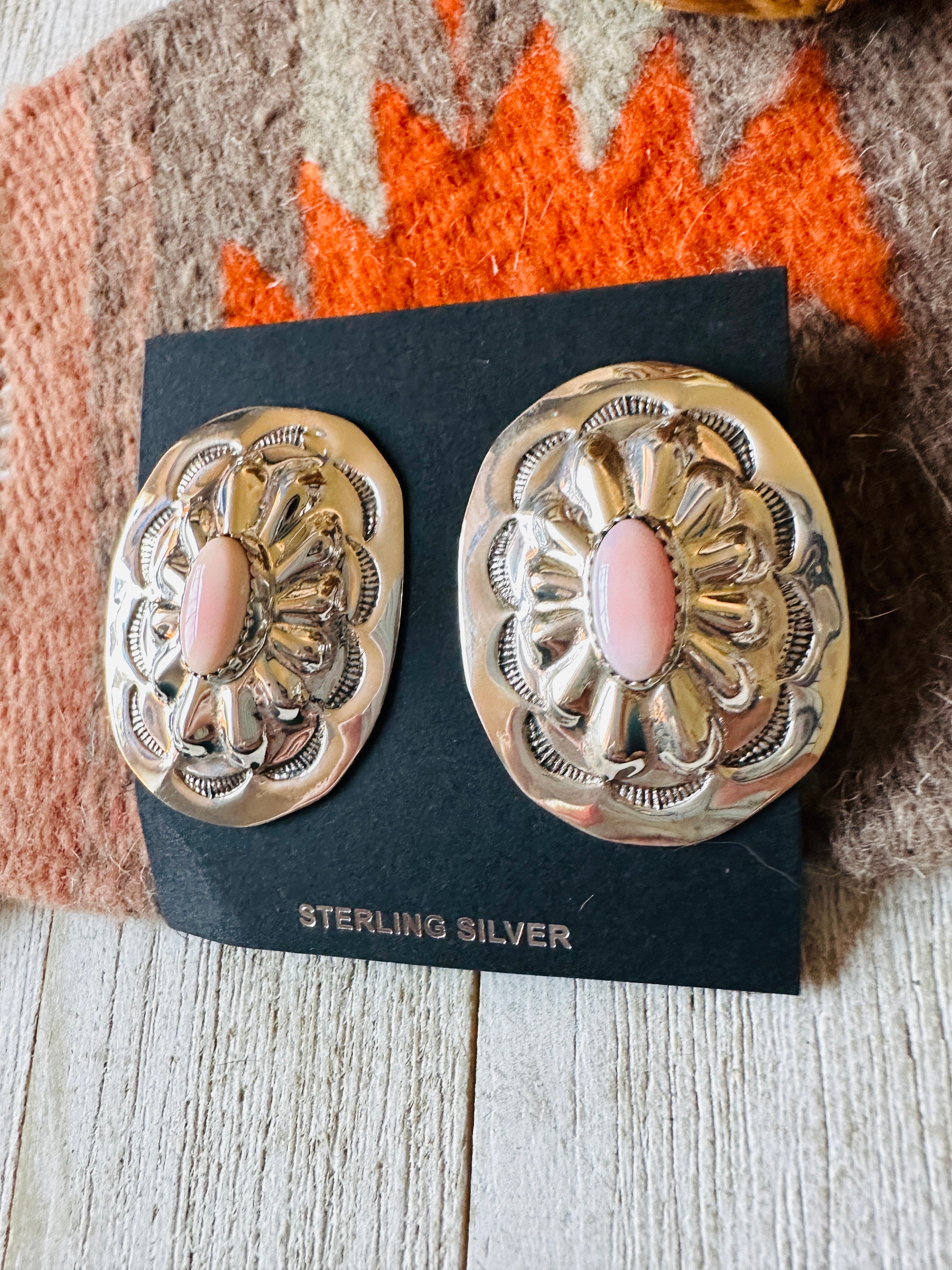 Navajo Sterling Silver & Queen Pink Conch Concho Post Earrings