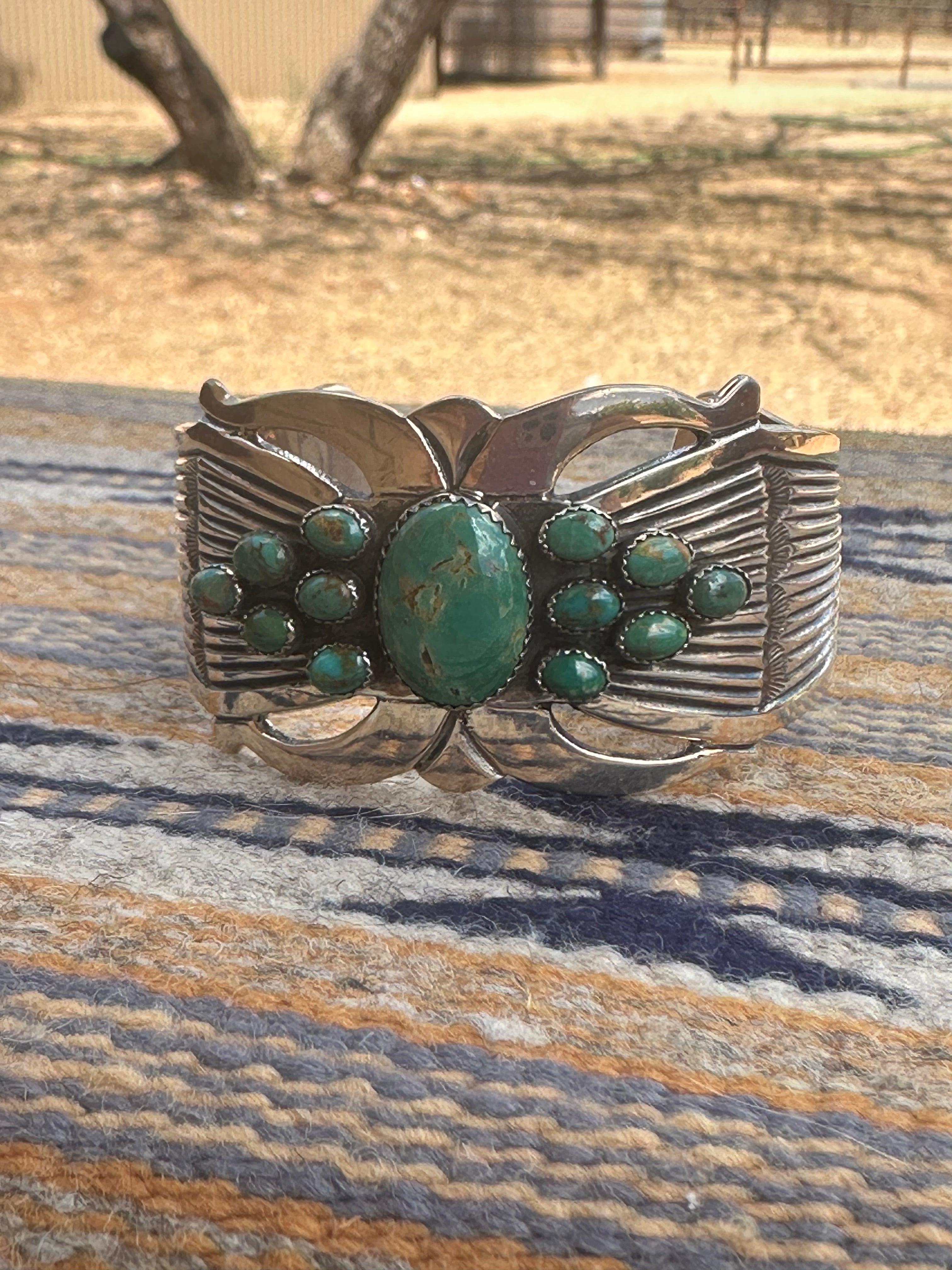 Handcrafted Old Pawn Rick Martinez Turquoise Cluster and Sterling Silver Cuff /