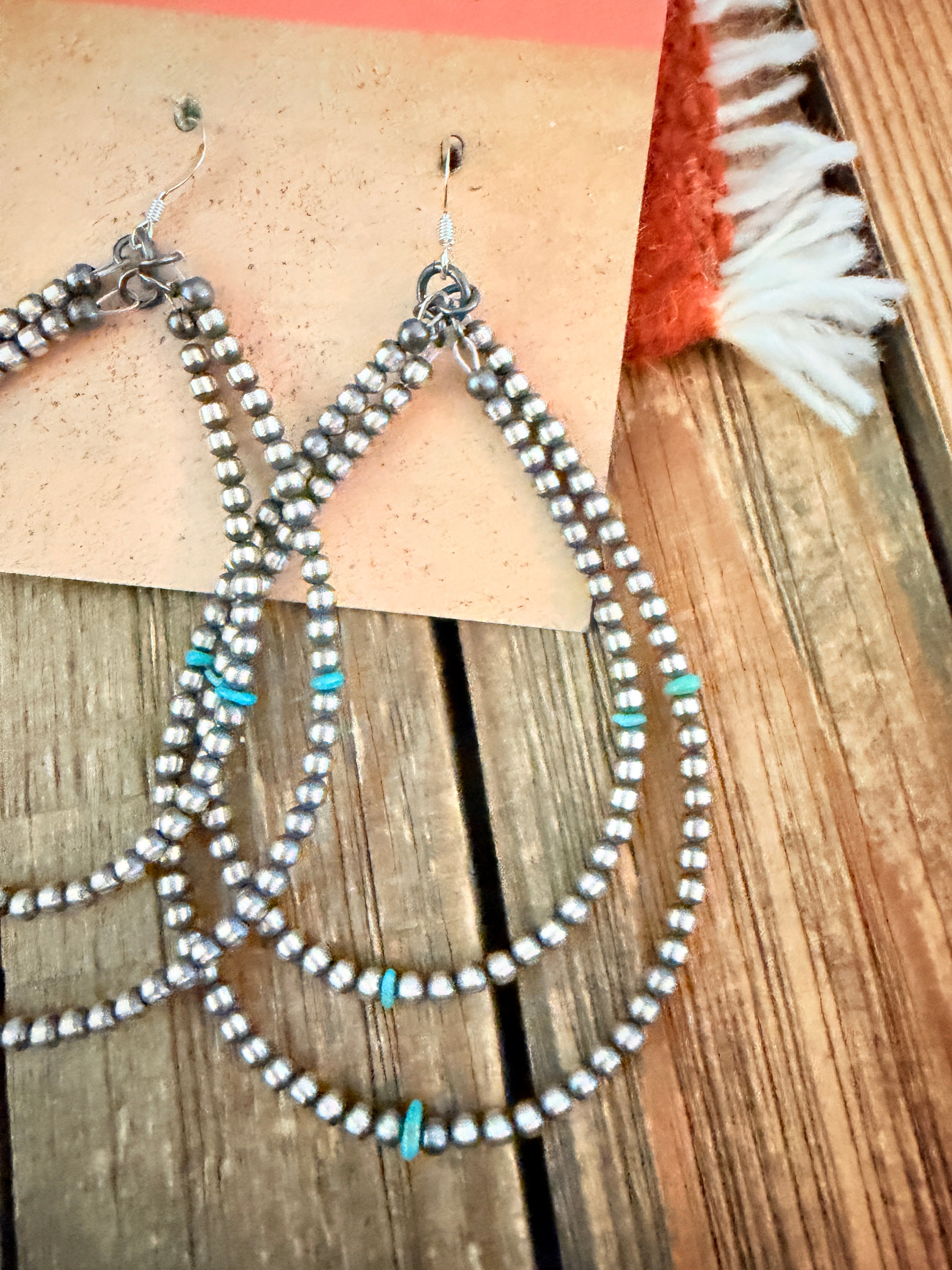 Handcrafted Turquoise & Sterling Silver Pearl Beaded Dangle Hoop Earrings