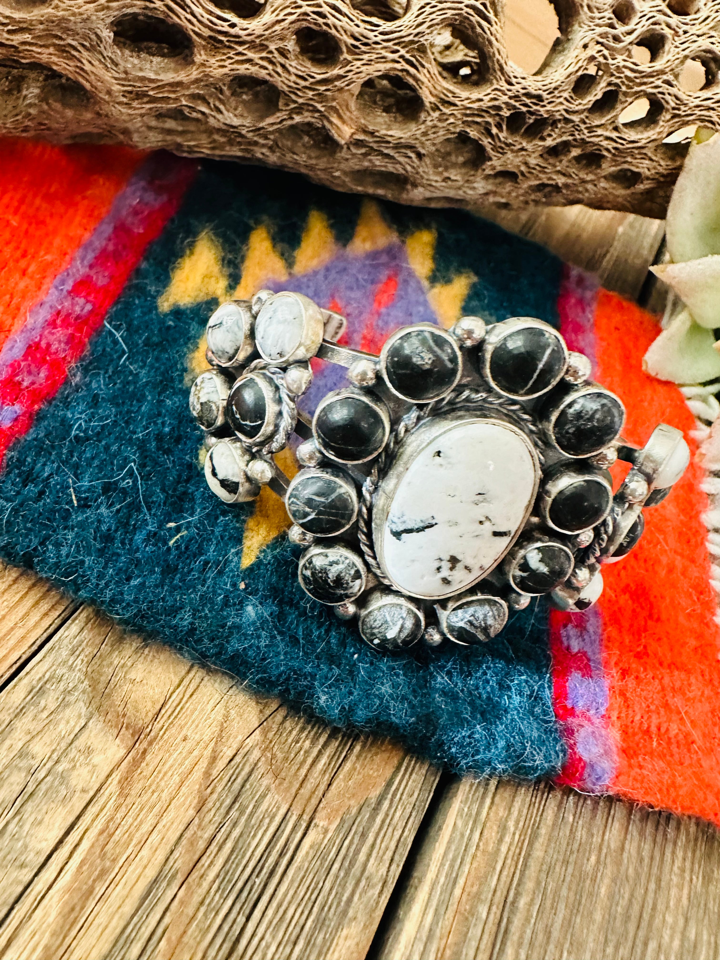 Navajo White Buffalo & Sterling Silver Cluster Cuff Bracelet