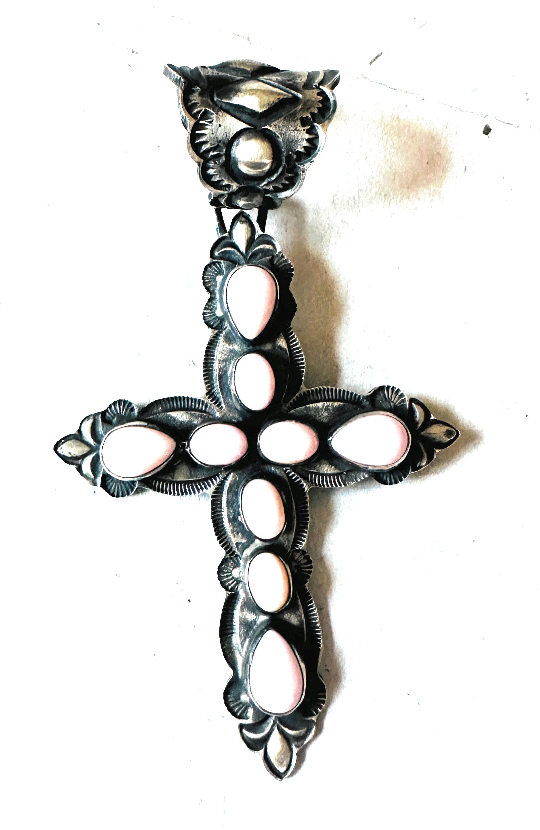 Navajo Queen Pink Conch Shell & Sterling Silver Cross Pendant