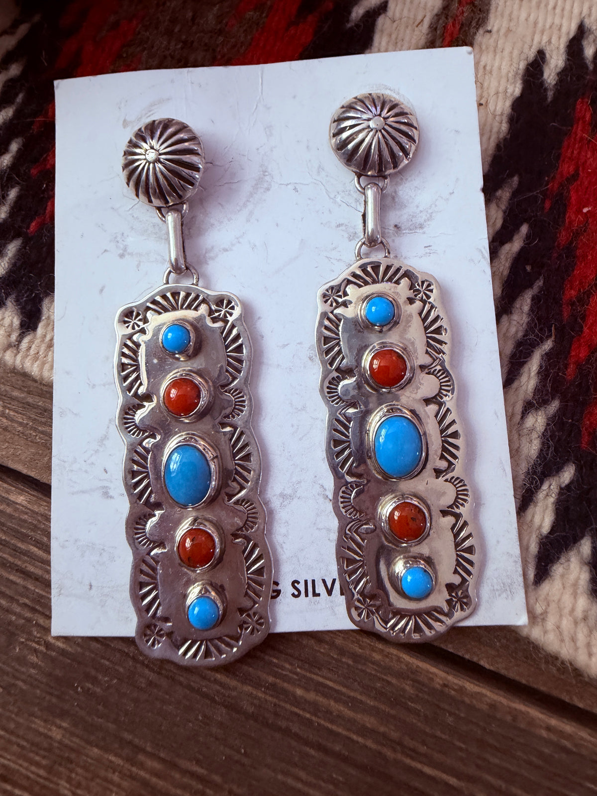 Handcrafted Turquoise, Coral & Sterling Silver Dangle Earrings by Jeff James Jr